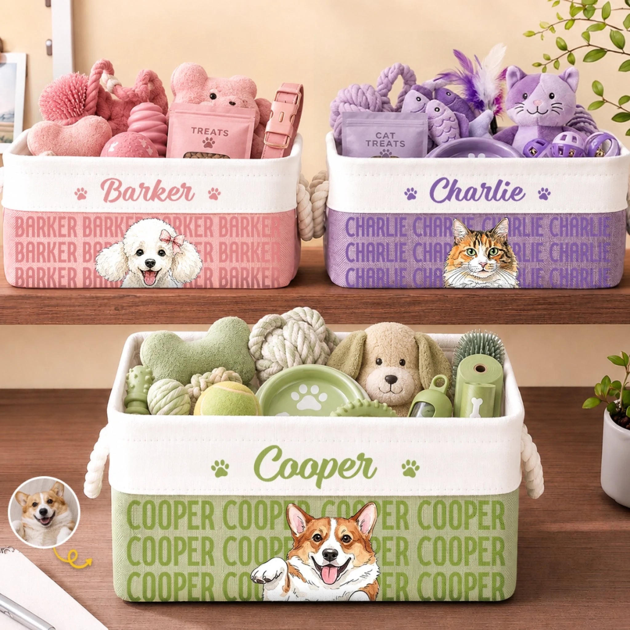 Custom Photo Storage Basket, Personalized Birthday Gift for Dog & Cat Lovers, Pet Mom Dad, Love Comes With Paws