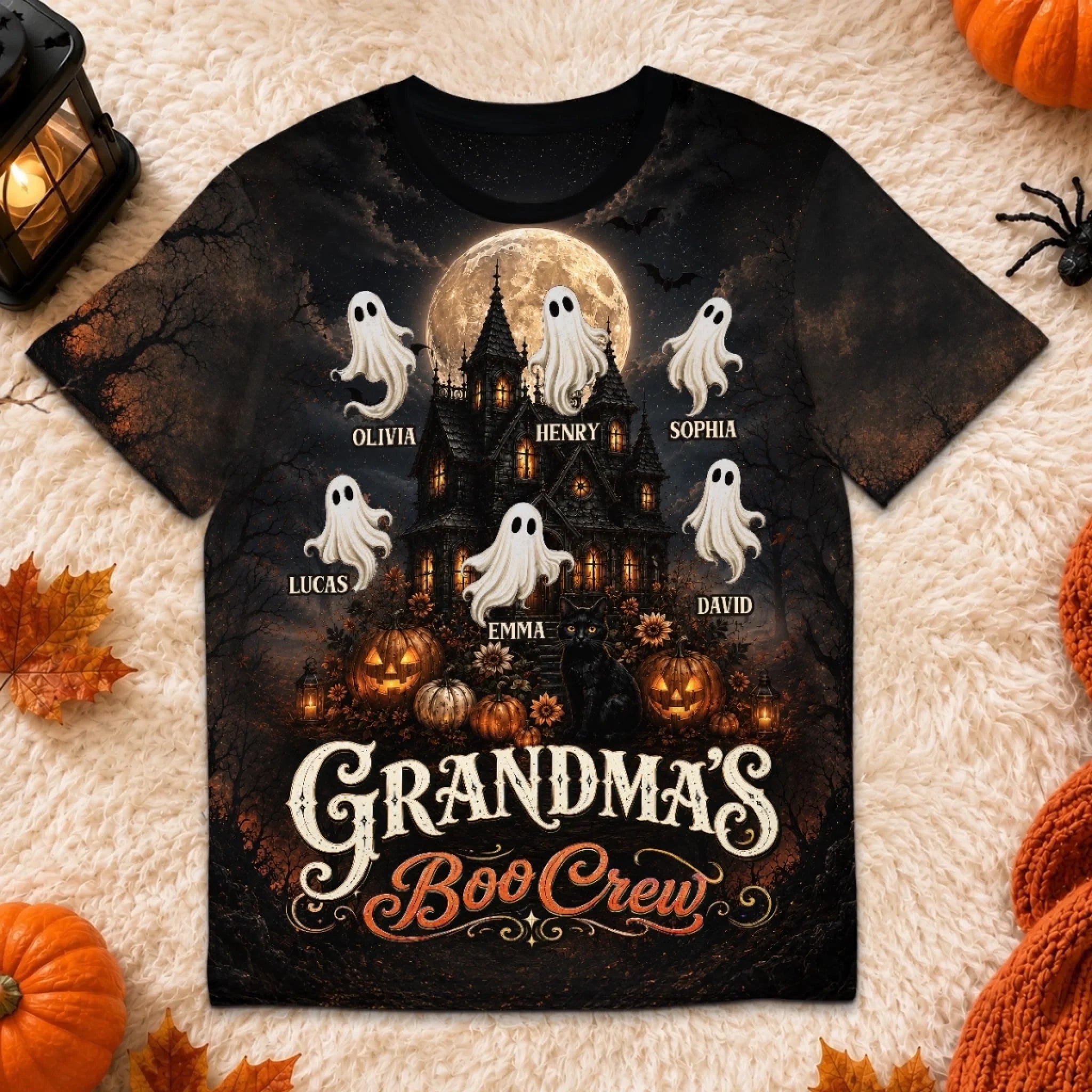 Custom Boo Crew T-Shirt, Personalized Halloween Birthday Gift for Mom or Grandma with Favorite Ghosts