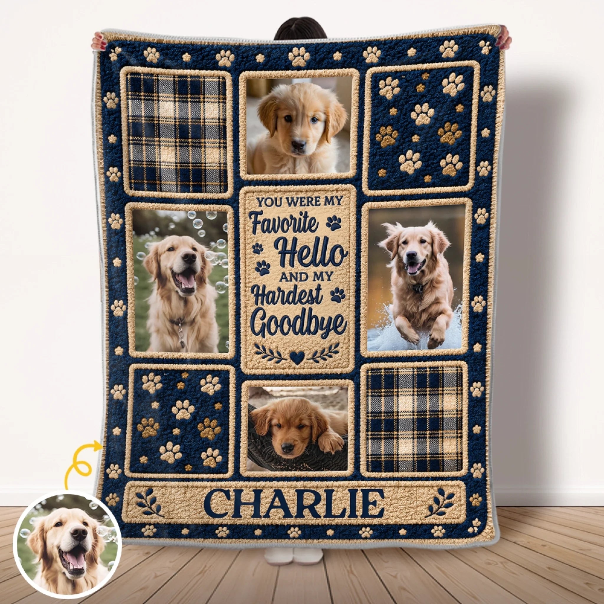 Custom Photo Blanket, Personalized Pet Memorial Sympathy Gift for Dogs and Cats, Paw Prints on My Heart