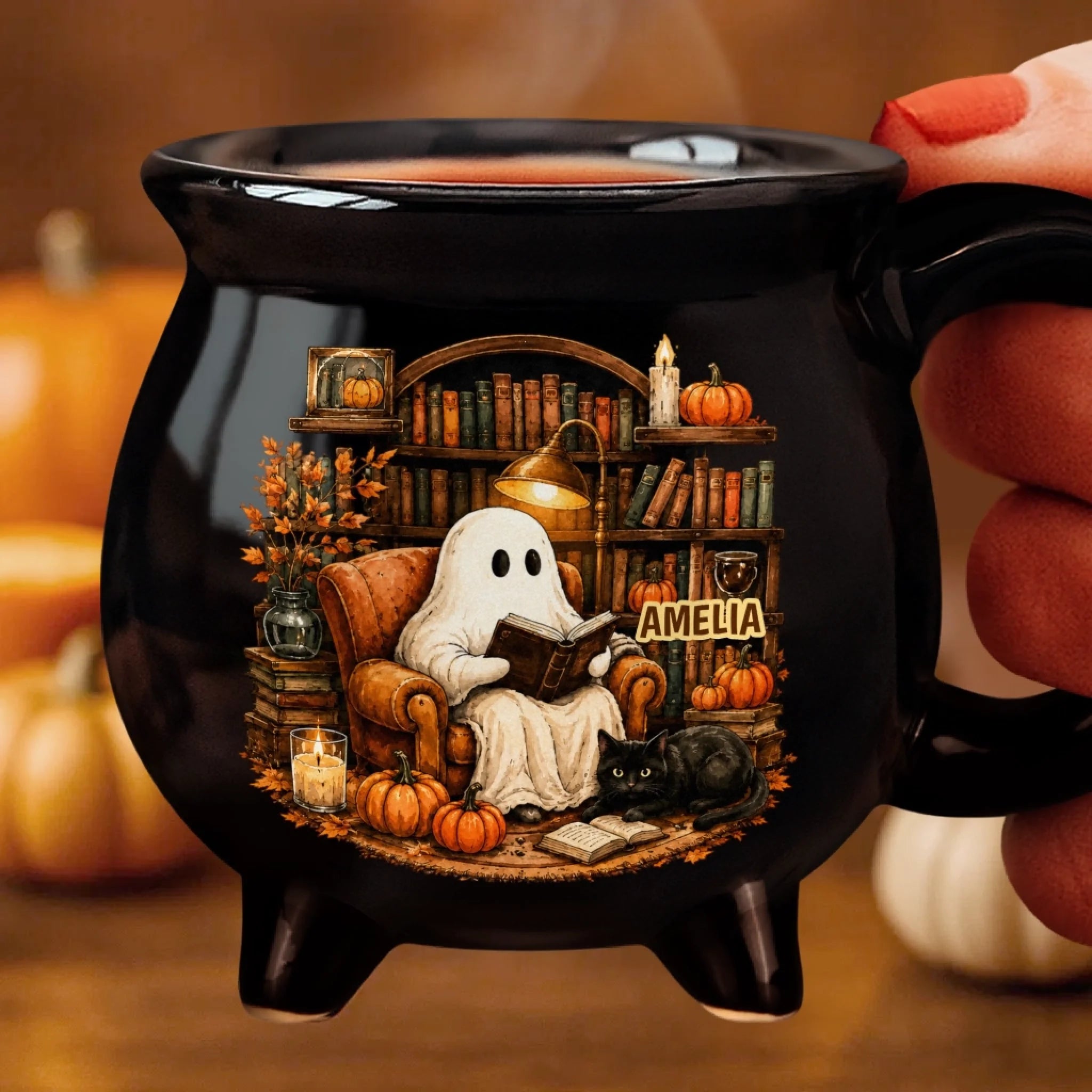 Custom Boo 12oz Ceramic Cauldron Coffee Mug, Personalized Halloween Gift for Book Lovers