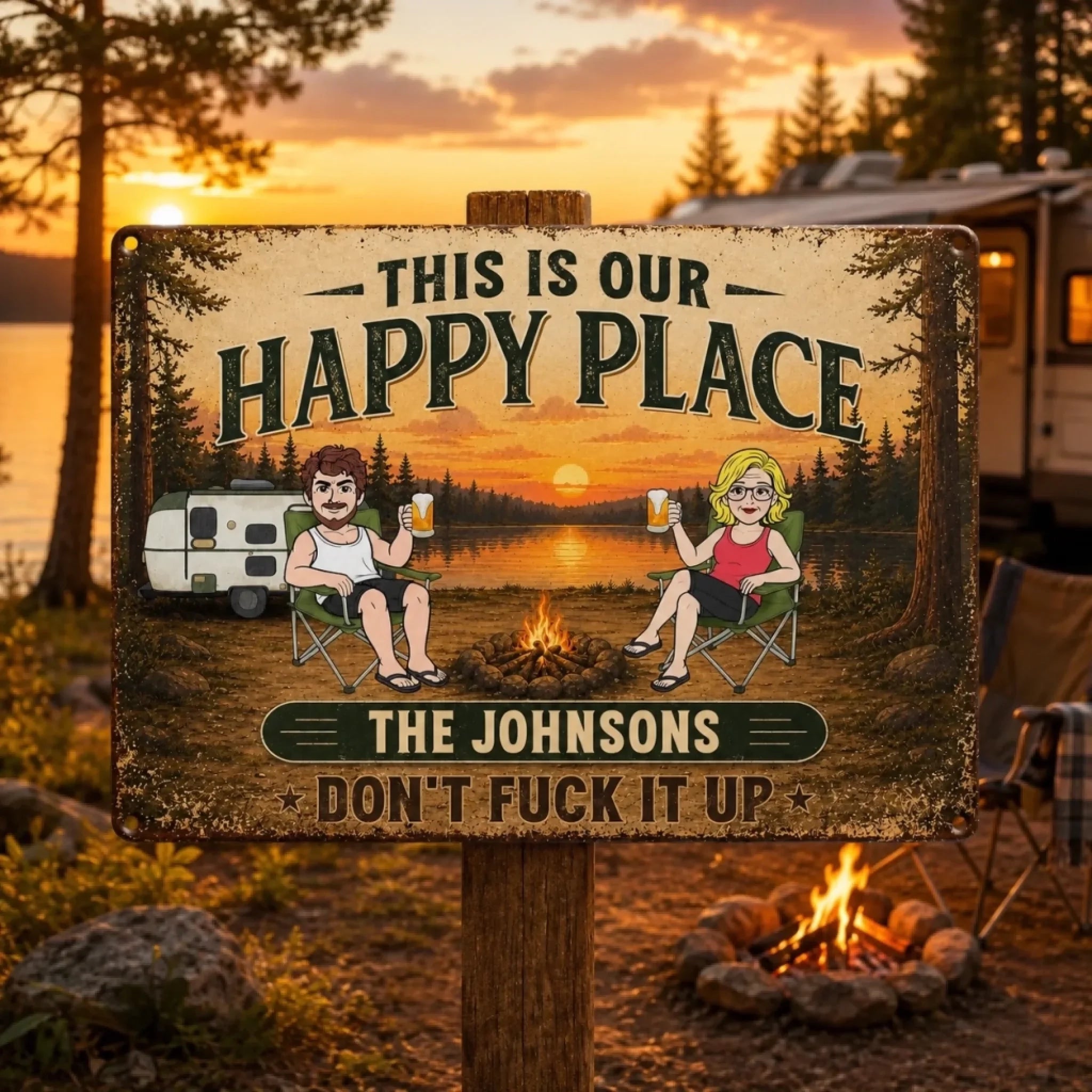 Personalized Camping Metal Sign, Custom Home Decor Birthday Gift for Campers, Couples, Husband and Wife