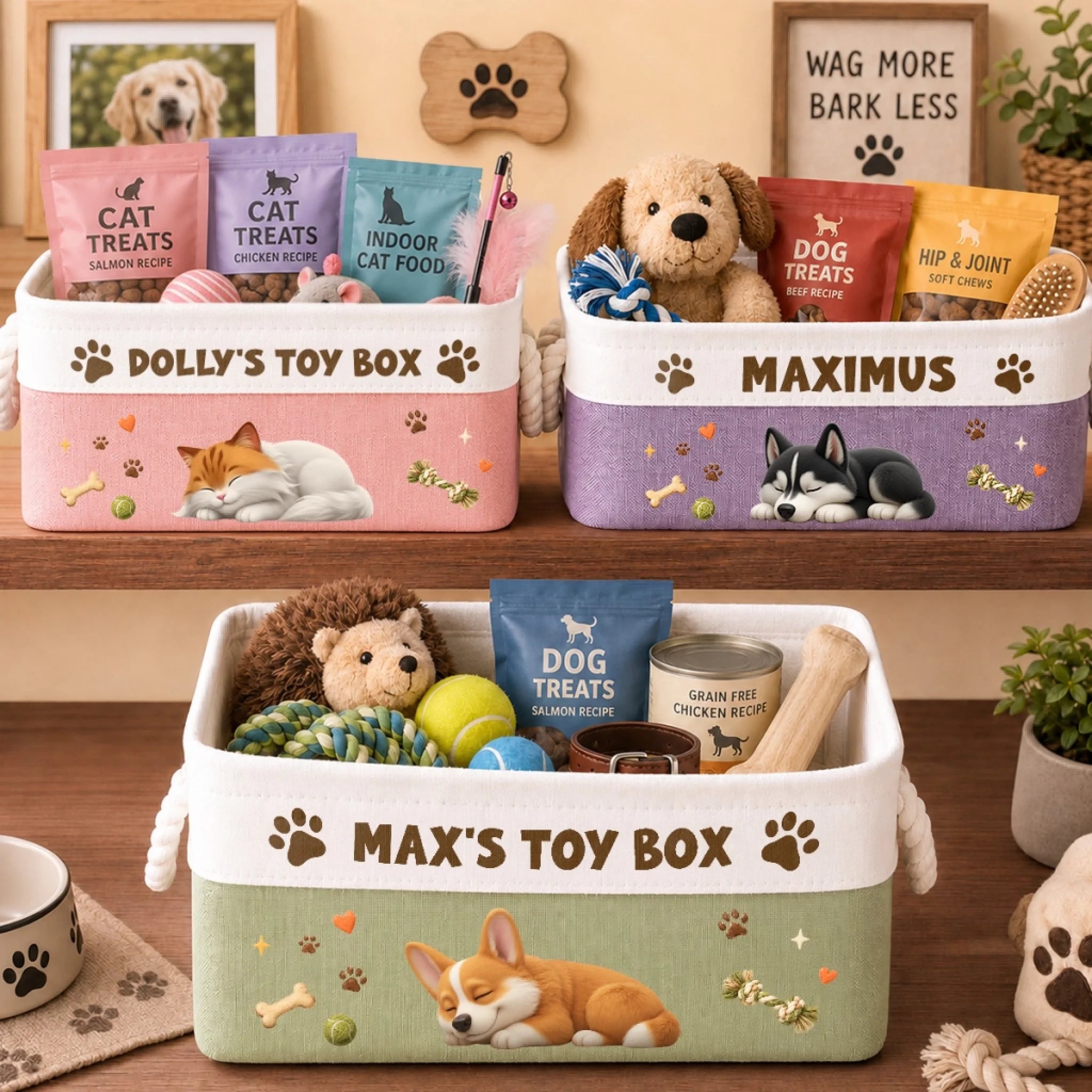 Custom Storage Basket, Personalized Love At First Paw Gift for Dog Cat Lovers and Pet Parents