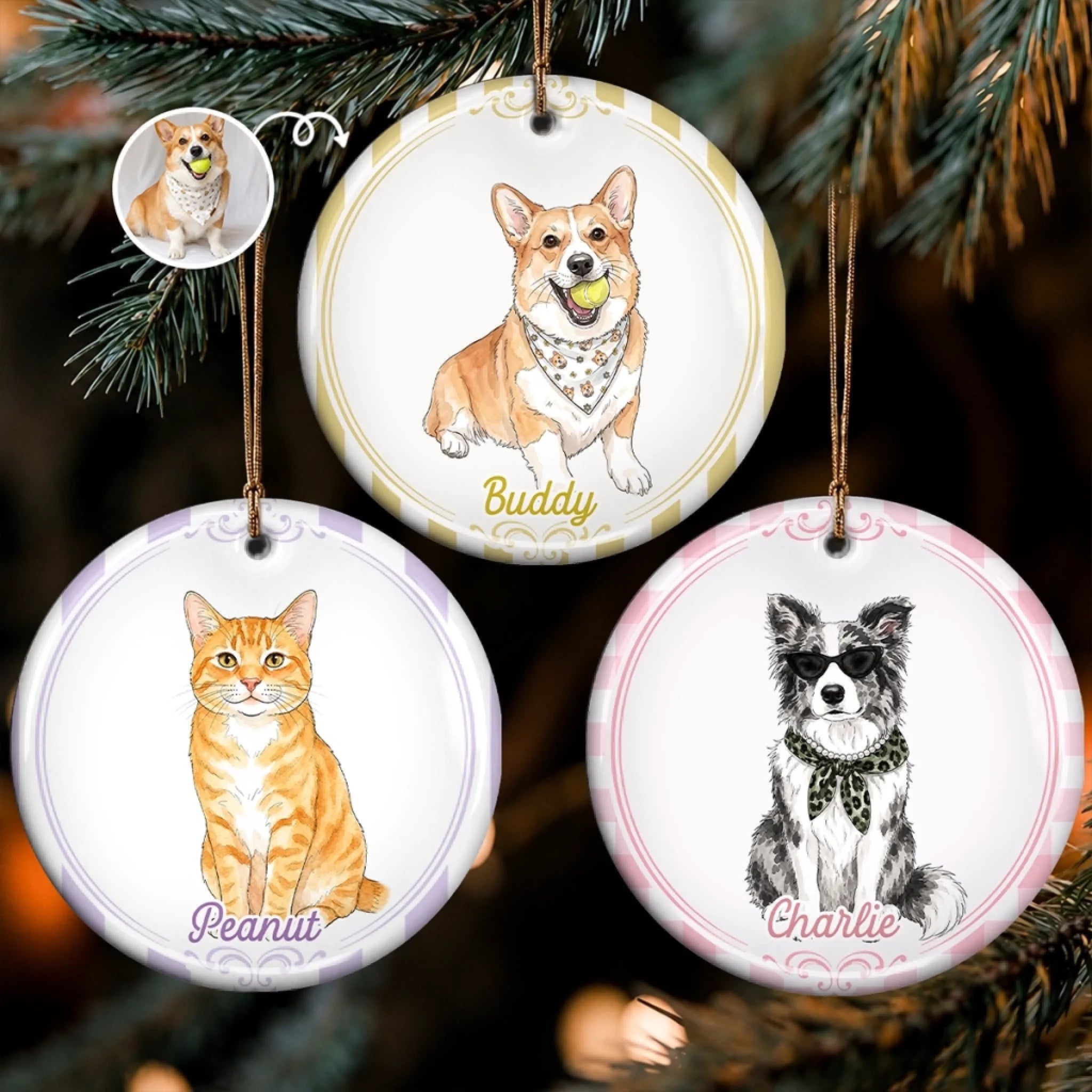 Custom Photo Ceramic Ornament, Personalized Christmas or Birthday Gift for Dog and Cat Lovers