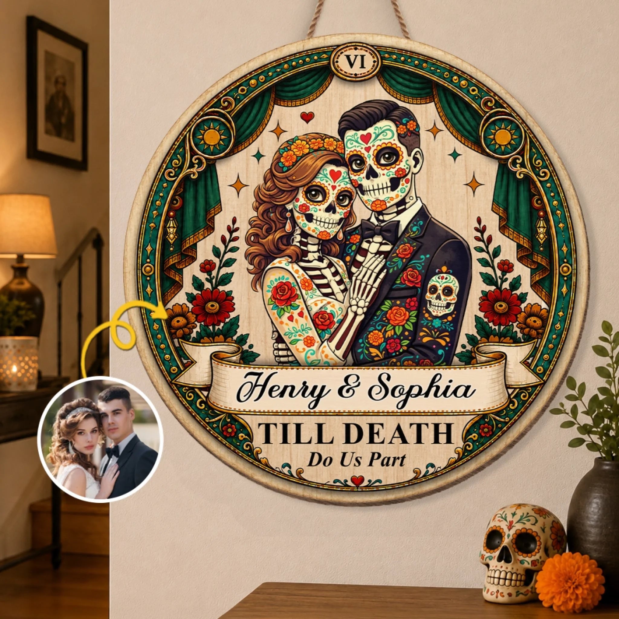 Custom Photo Day of the Dead Wood Sign, Personalized Anniversary Wedding Gift for Husband and Wife