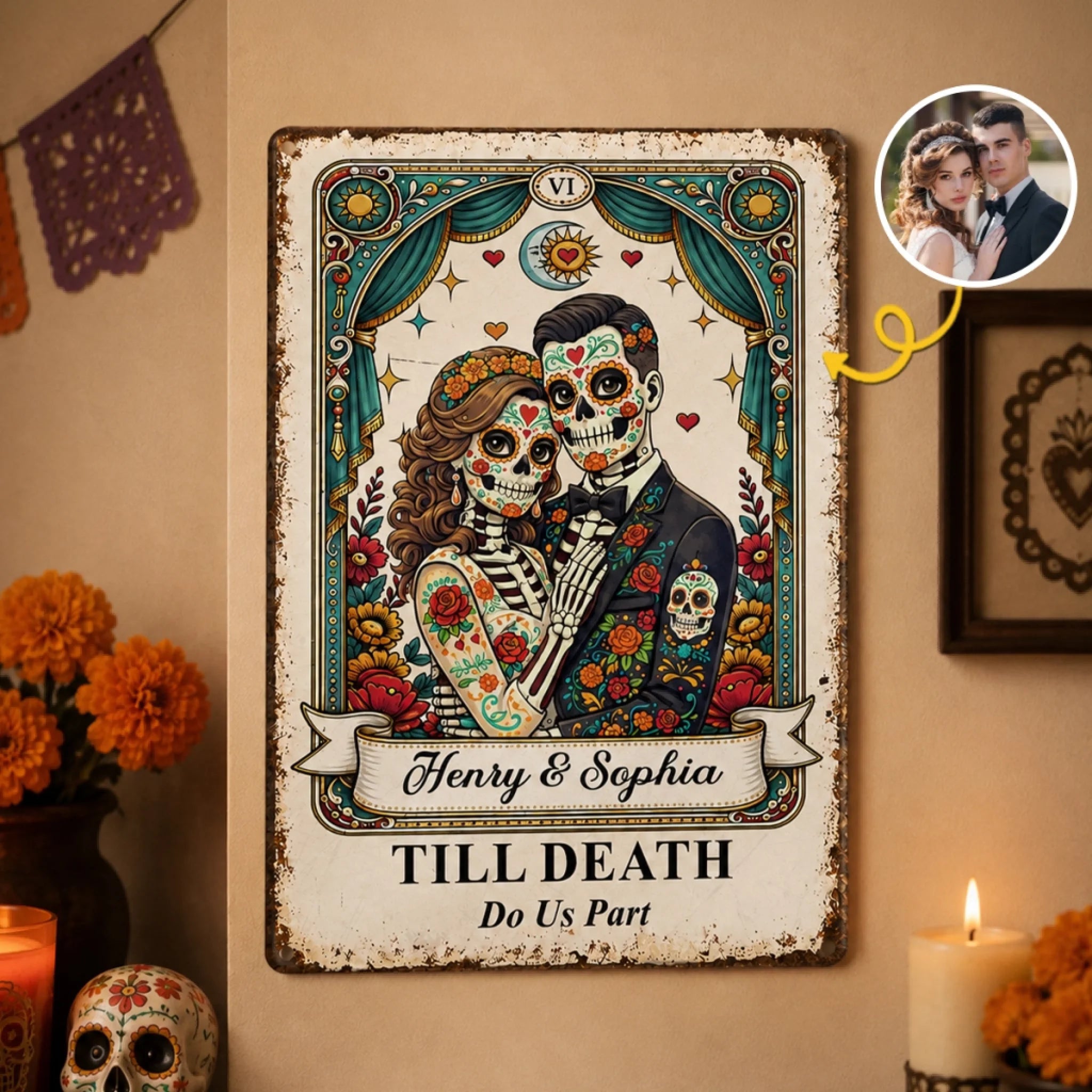 Personalized Day of the Dead Photo Metal Sign, Custom Anniversary Wedding Gift for Husband and Wife