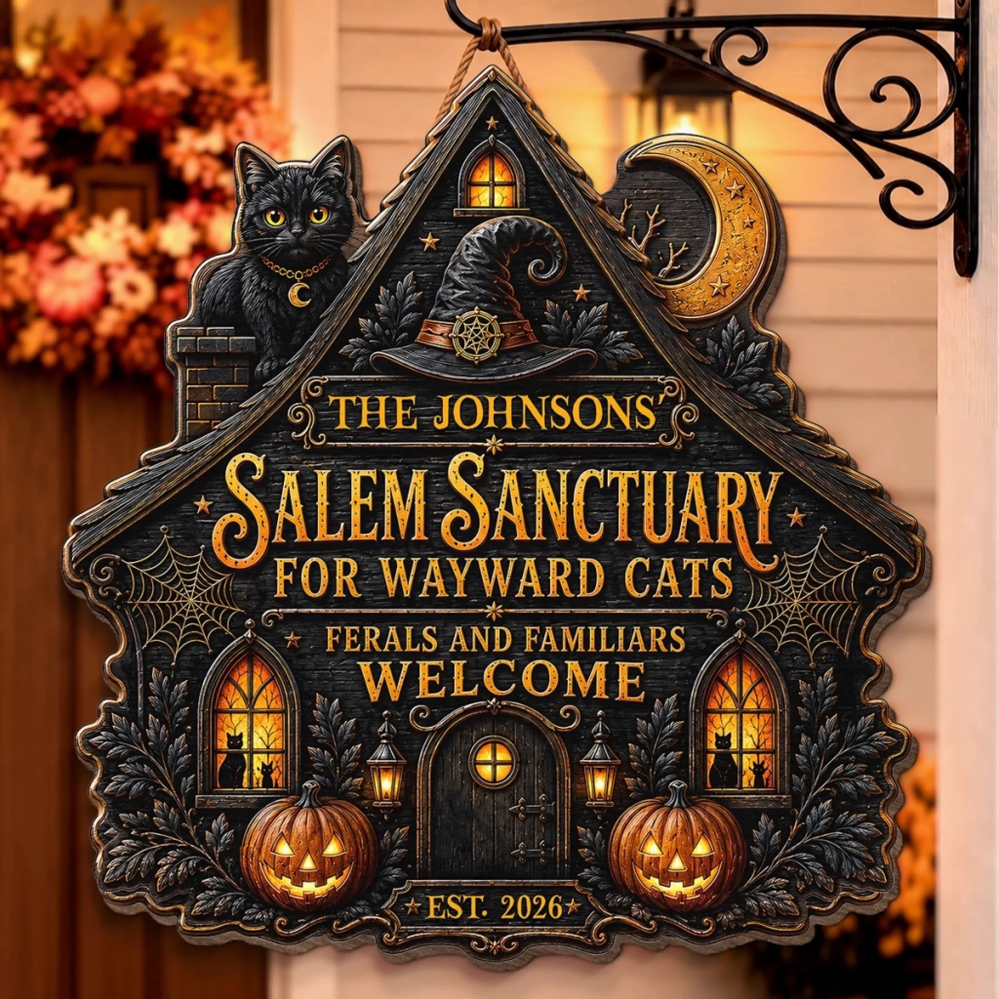 Personalized Halloween Wood Sign, Spooky Cats Welcome Decor, Custom Birthday Gift for Mom Dad Brother Sister