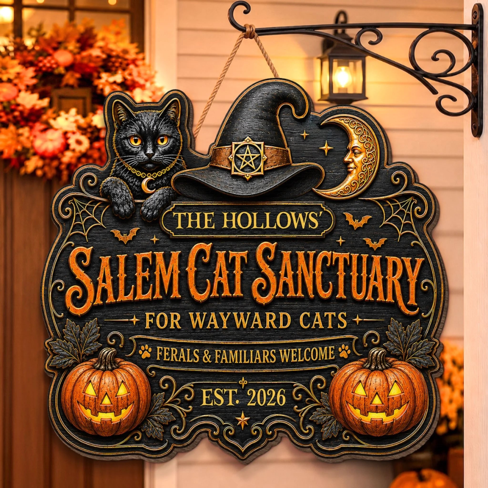 Personalized Halloween Wood Sign, Salem Cat Sanctuary Decor, Custom Birthday Gift for Family