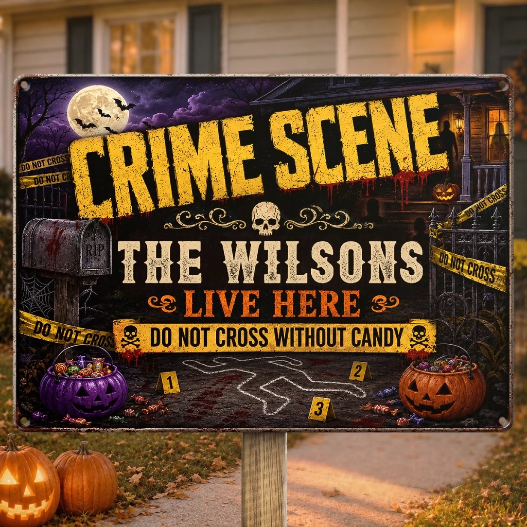 Personalized Halloween Metal Sign, Custom Home Decor Gift for Mom Dad Brother Sister, Do Not Cross Without Candy