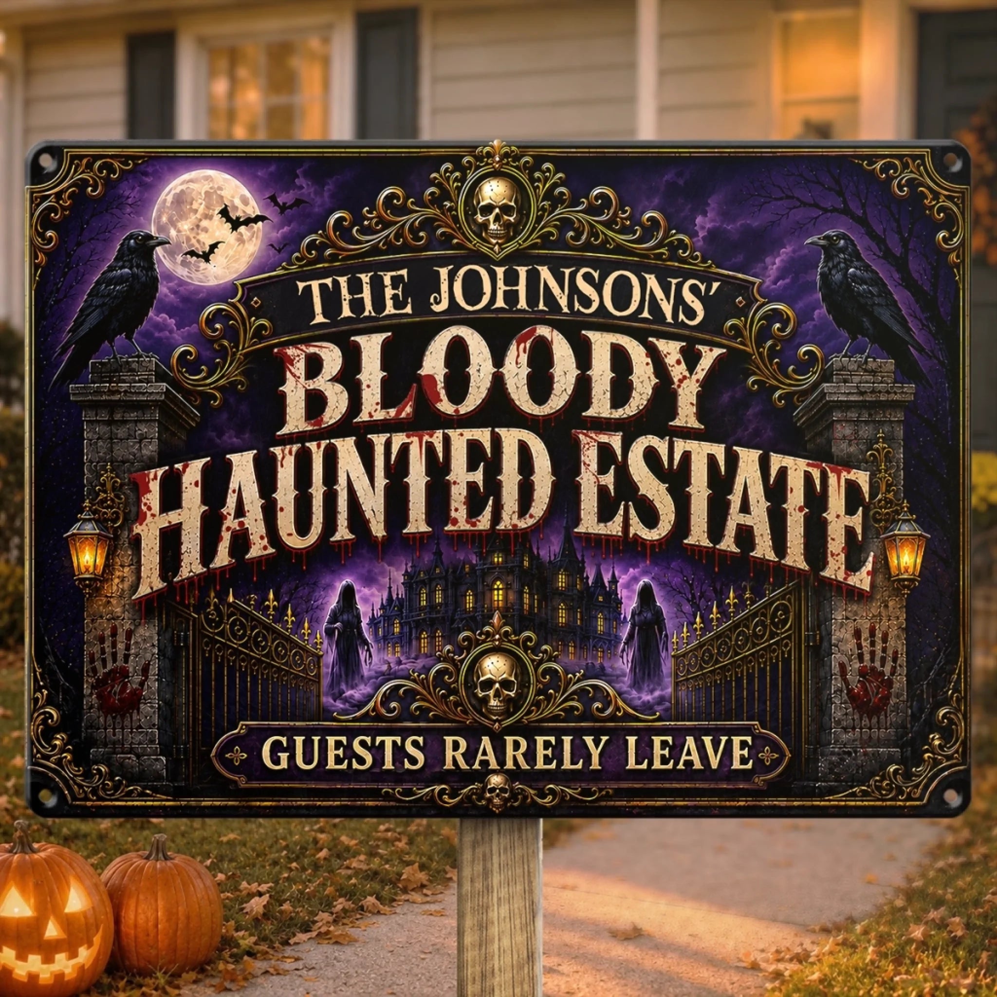 Personalized Halloween Metal Sign, A Bloody Spooky Welcome Custom Home Decor Gift for Family