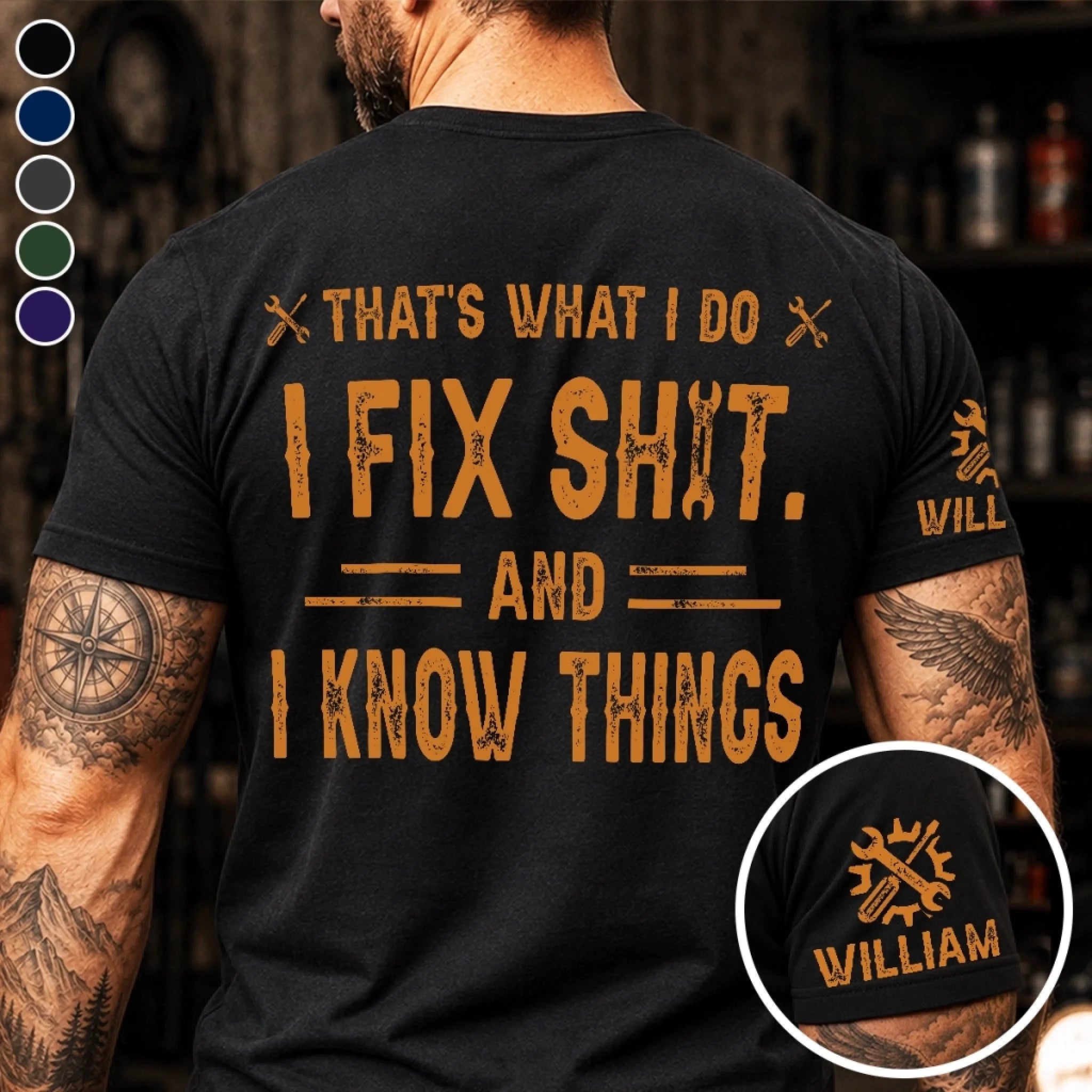 Custom Mechanic Back Print T-Shirt, Personalized Birthday Gift for Husband, Dad, Son or Grandpa