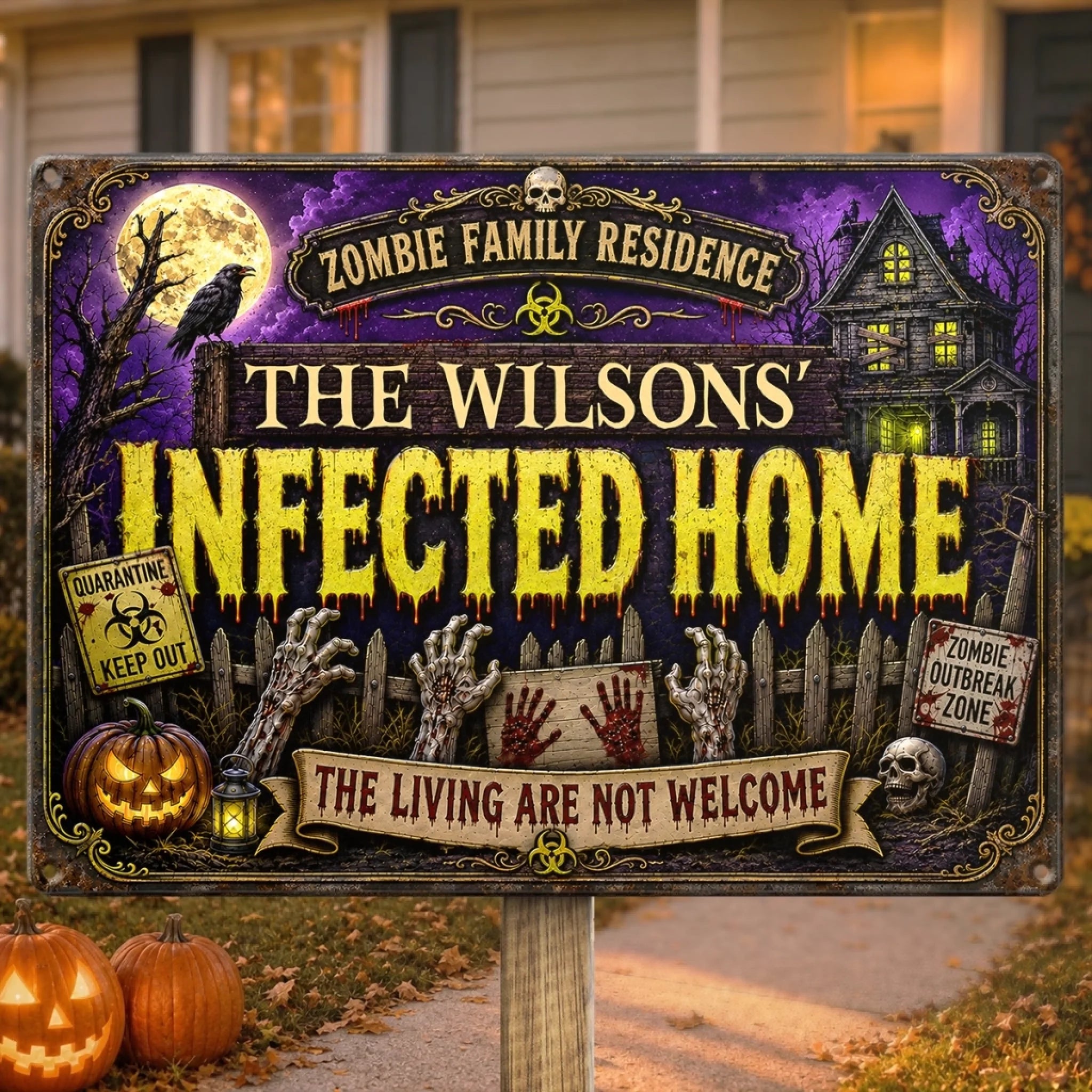 Custom Zombie Quarantine Zone Metal Sign, Personalized Halloween Home Decor Gift for Family