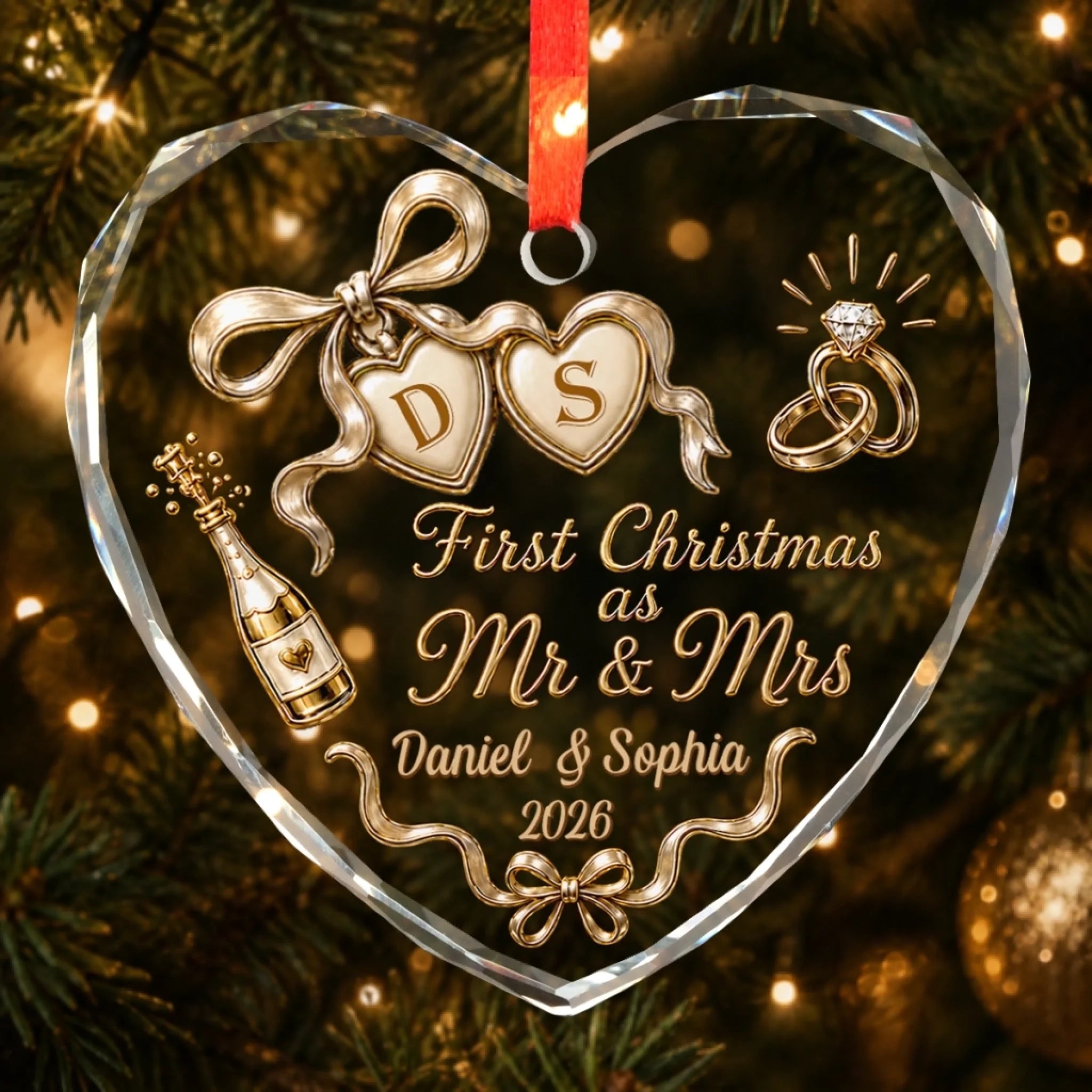 Custom First Christmas Heart Glass Ornament Personalized Wedding Anniversary Gift for Couple