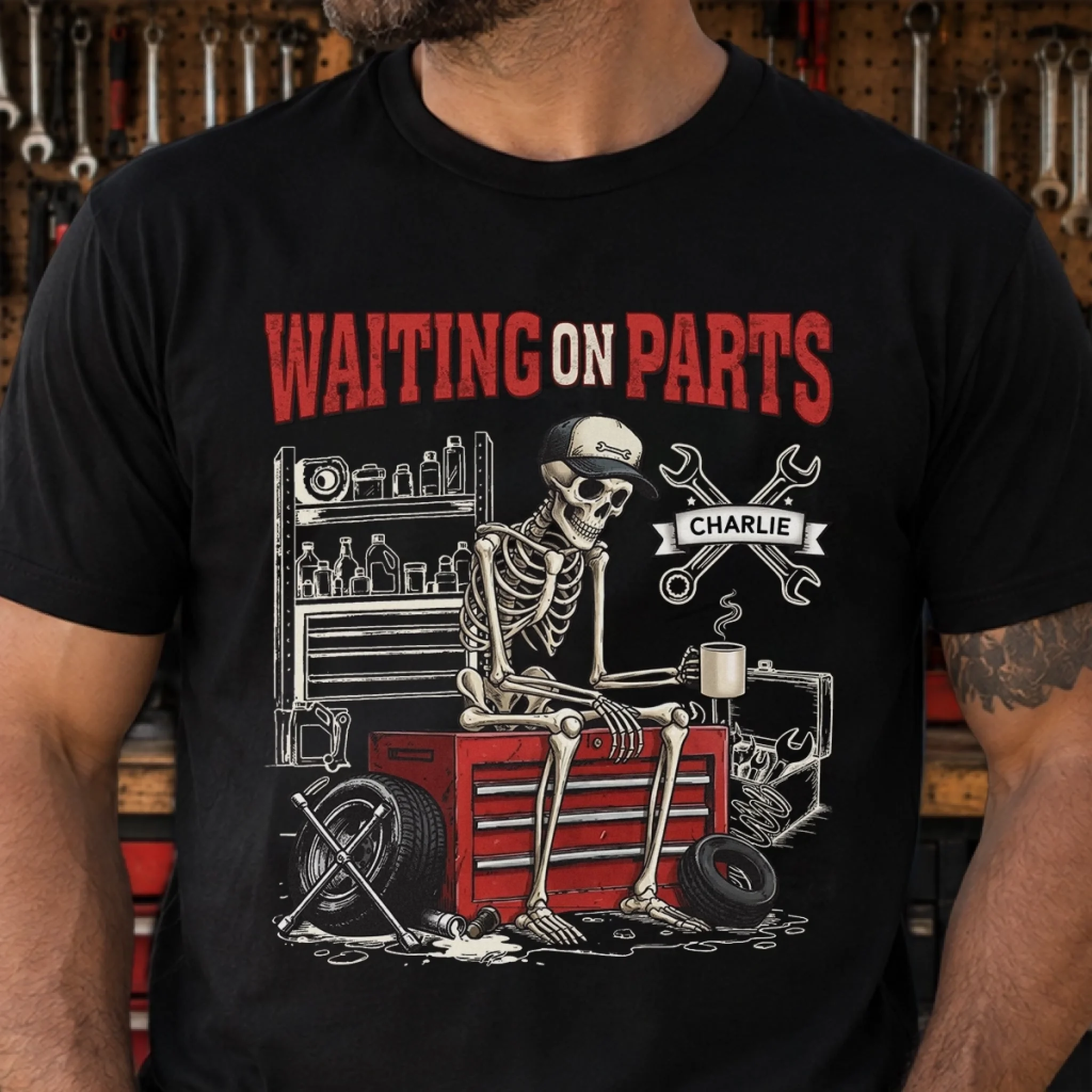 Custom T-Shirt or Hoodie, Personalized Birthday Gift for Men, Mechanic Still Waiting For My Parts