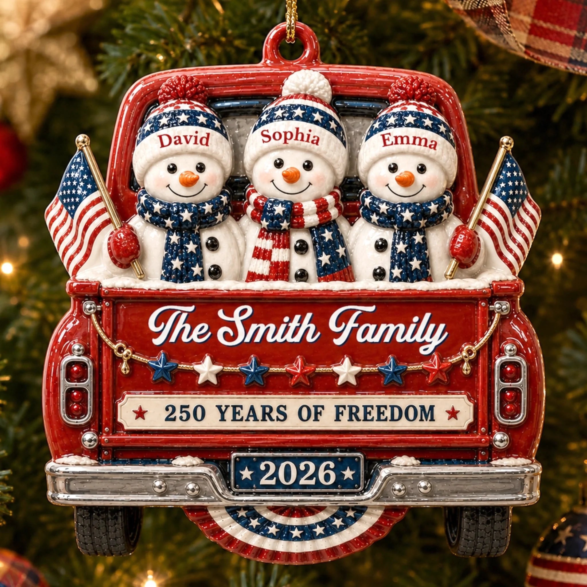 Custom Snowman Premium 3D Ornament, Personalized America 250th Anniversary Christmas Gift for Family