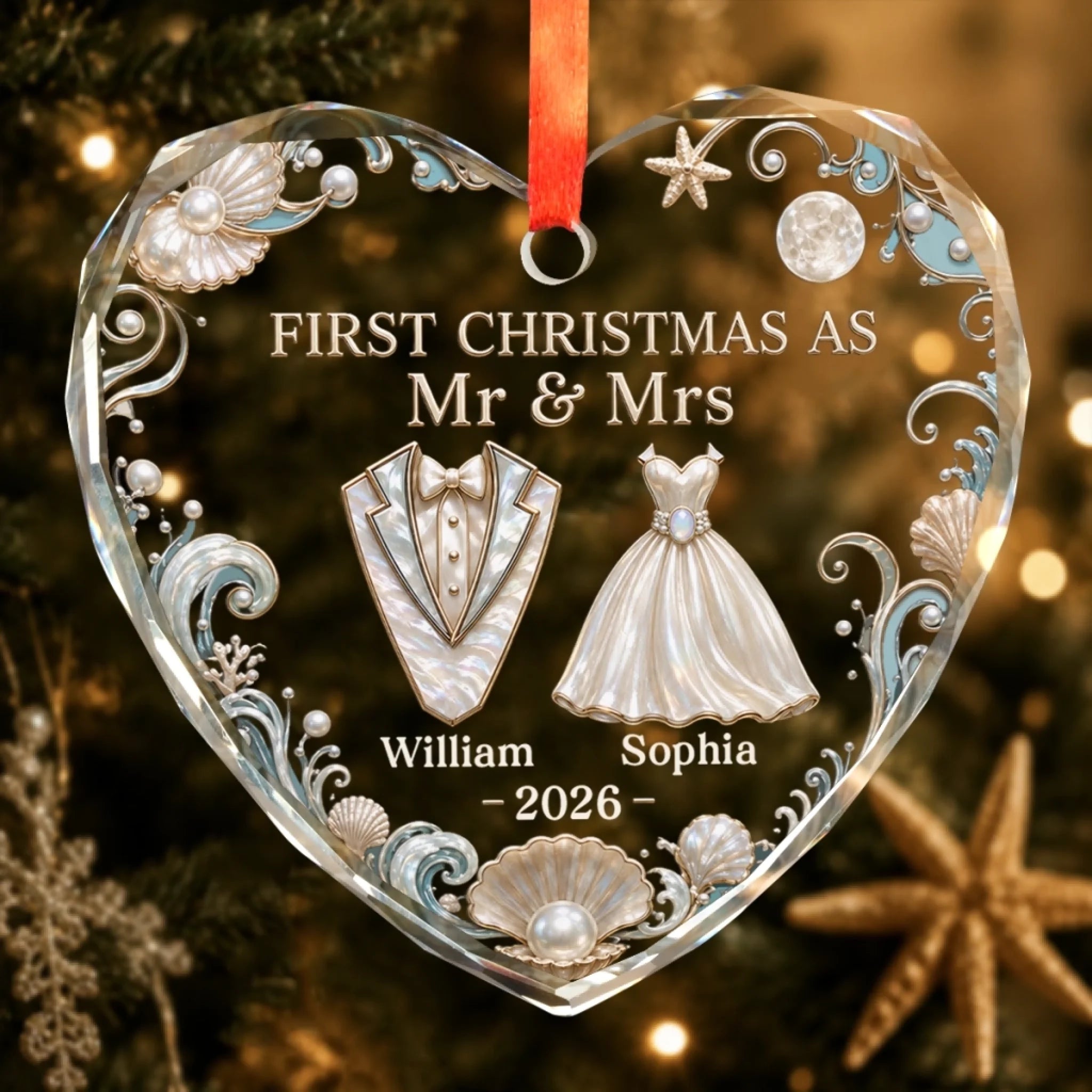 Custom First Christmas Heart Glass Ornament, Personalized Wedding Anniversary Gift for Couples