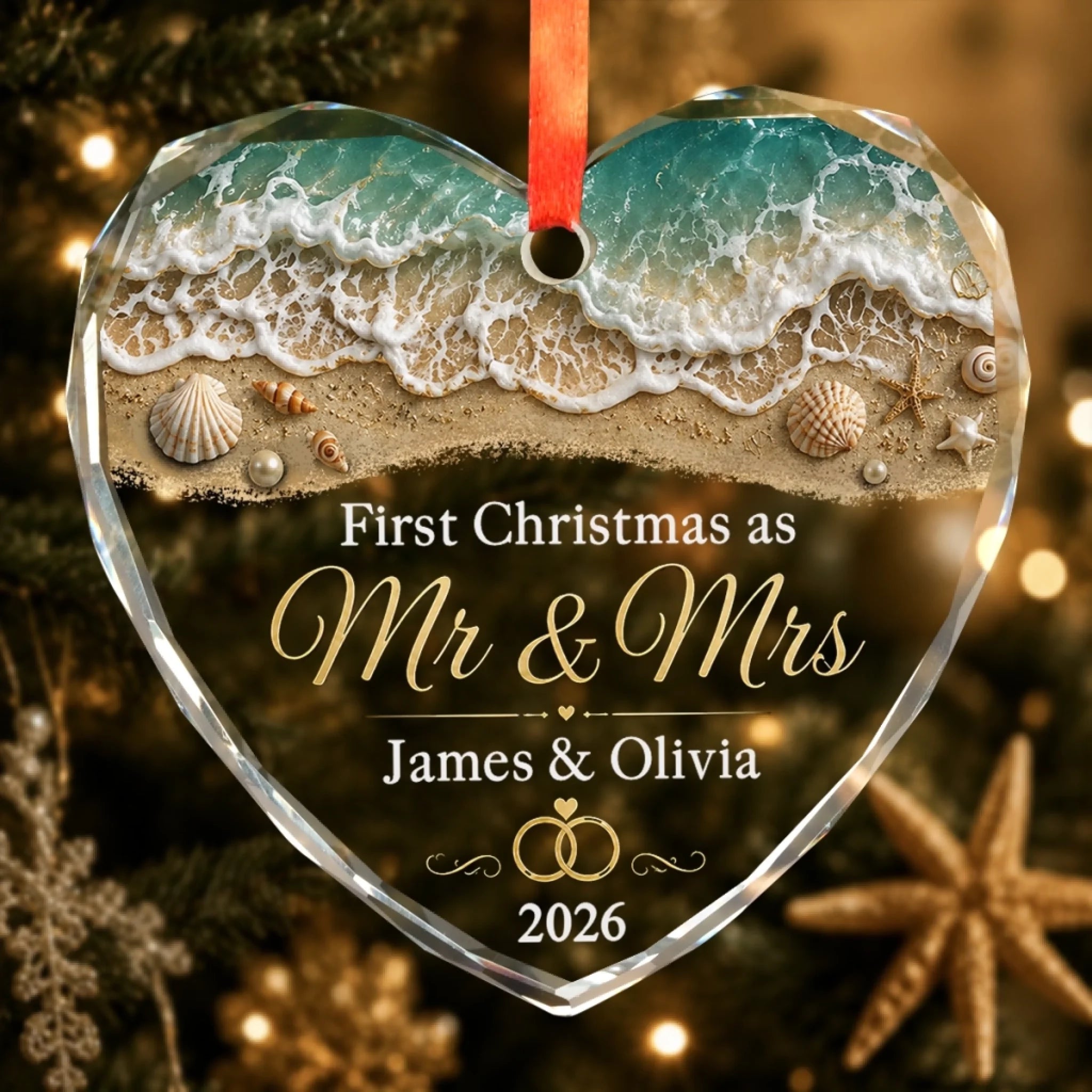 Custom First Christmas Heart Glass Ornament, Personalized Wedding or Anniversary Gift for Couples