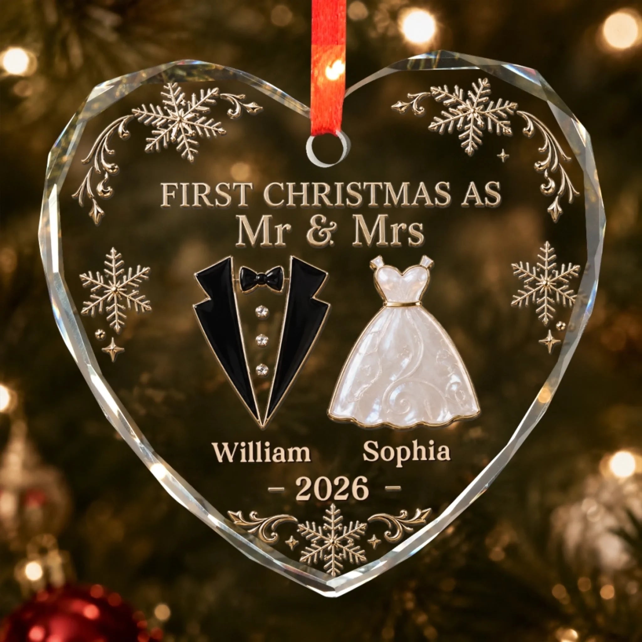 Custom First Christmas Heart Glass Ornament, Personalized Wedding Anniversary Gift for Couples