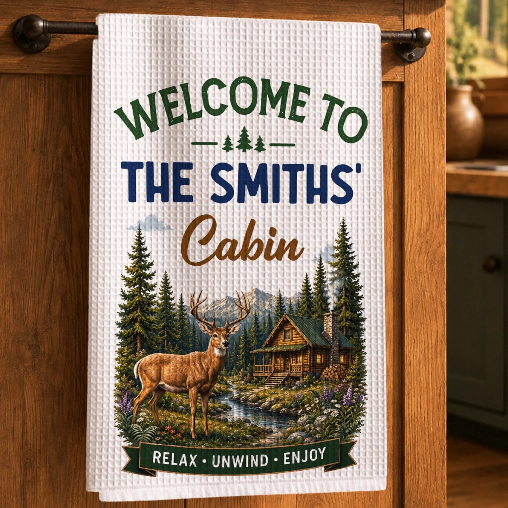 Custom Cabin Kitchen Towel Personalized Summer Vacation Travel Gift for Family Forest Home Decor