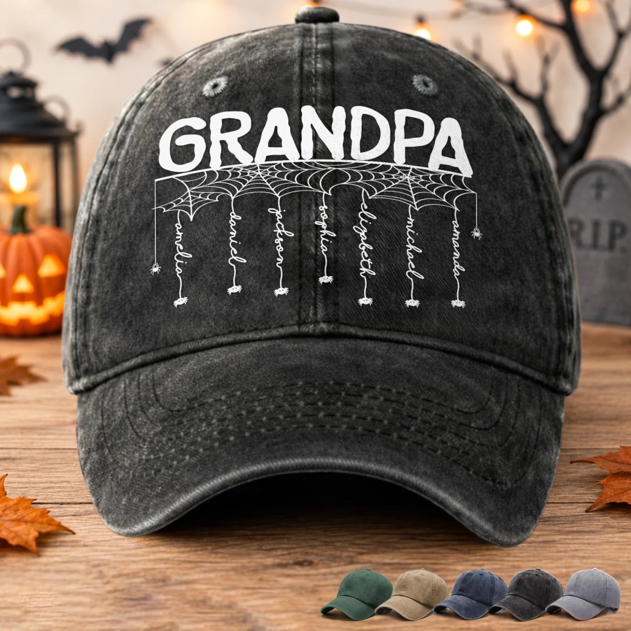 Custom Spider Washed Cotton Cap, Personalized Halloween Birthday Gift for Dad or Grandpa