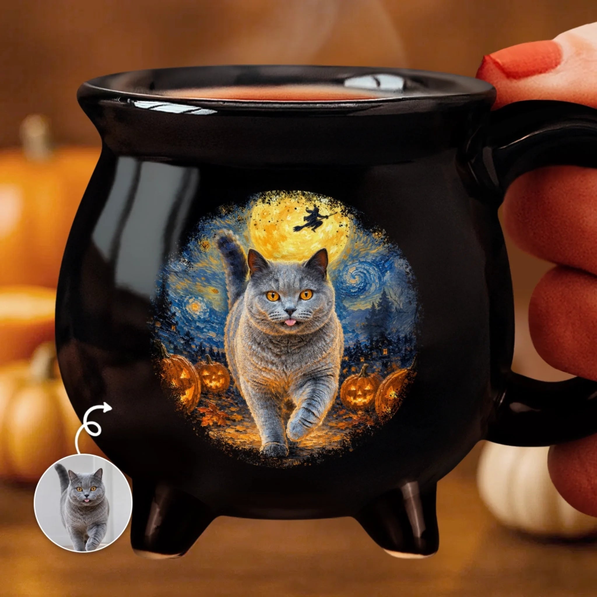 Custom Photo Starry Night Cauldron Coffee Mug, Personalized Halloween Gift for Dog & Cat Lovers