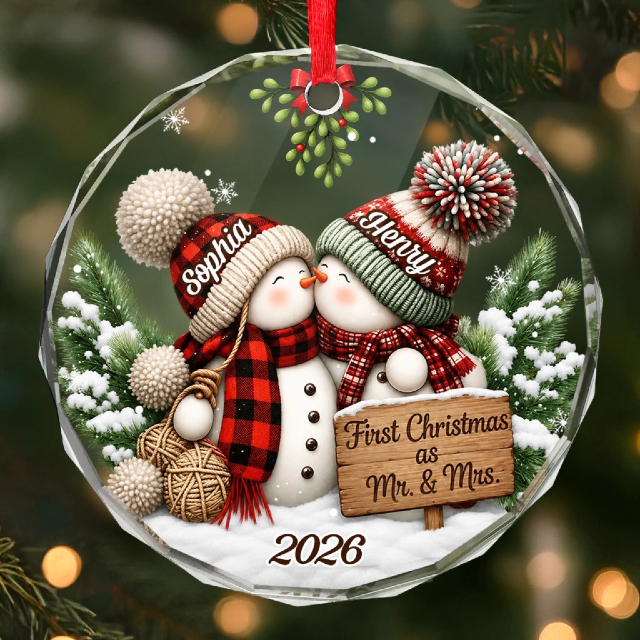 Custom First Christmas Circle Glass Ornament, Snowed In With You Personalized Couple Gift
