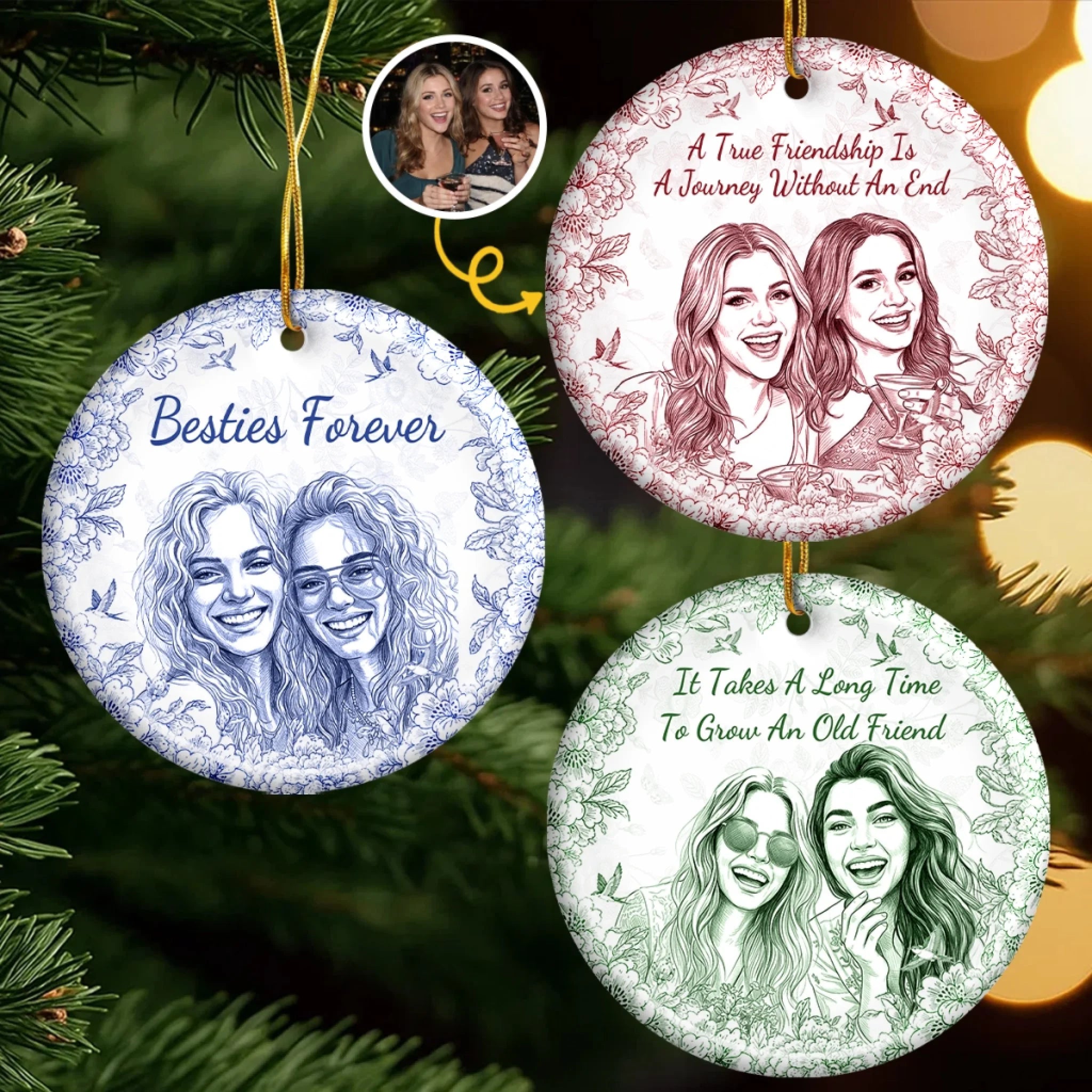 Custom Photo Ceramic Ornament, Personalized Best Friend Gift for Women, Besties, Sisters & BFF