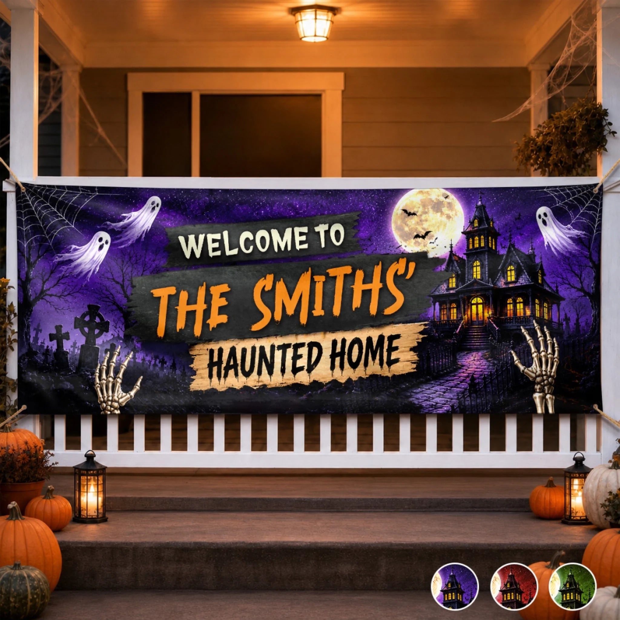 Custom Haunted Home Fabric Banner Personalized Halloween Decor Gift for Mom Dad Brother Sister
