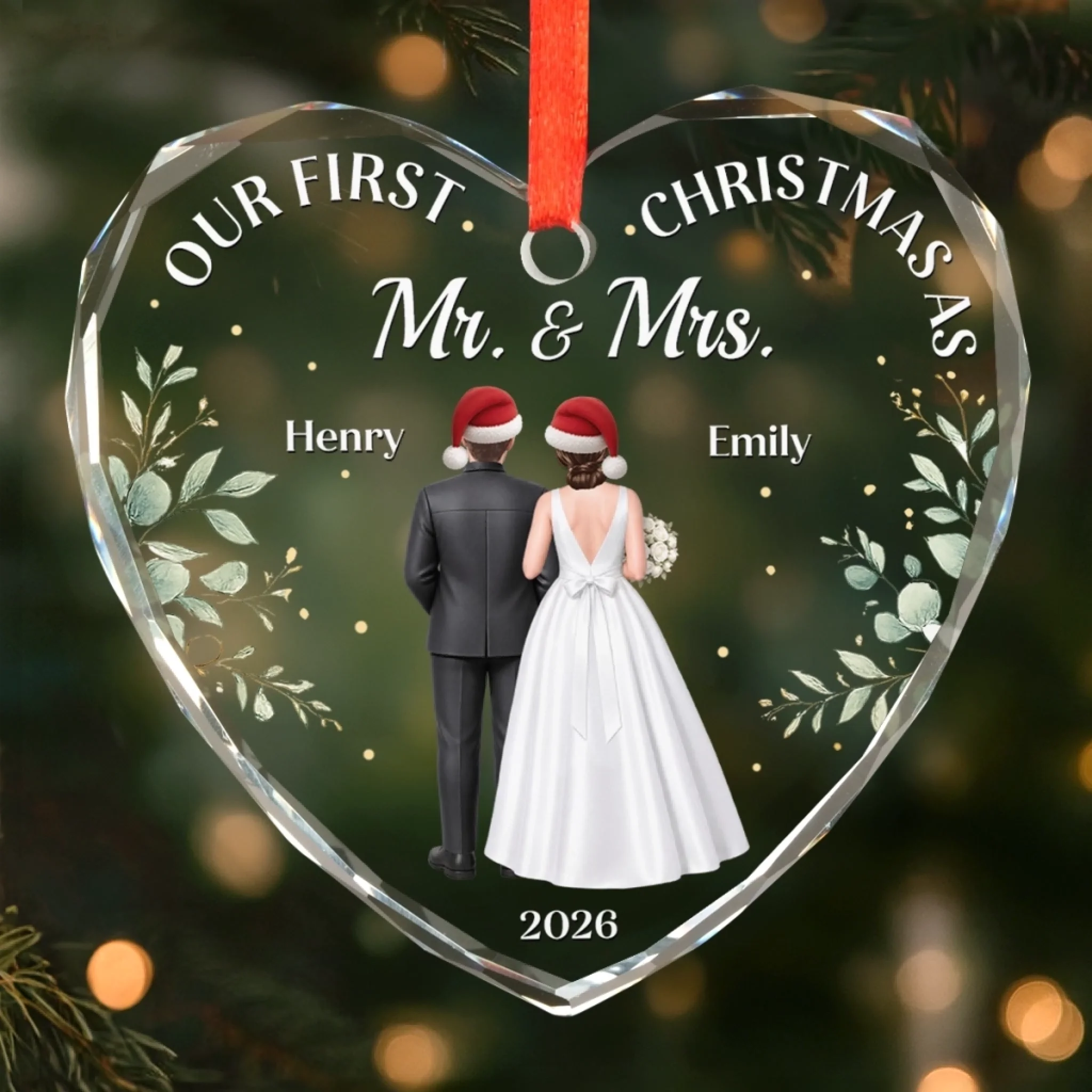 Personalized First Christmas Heart Glass Ornament, Custom Wedding Anniversary Gift for Husband or Wife