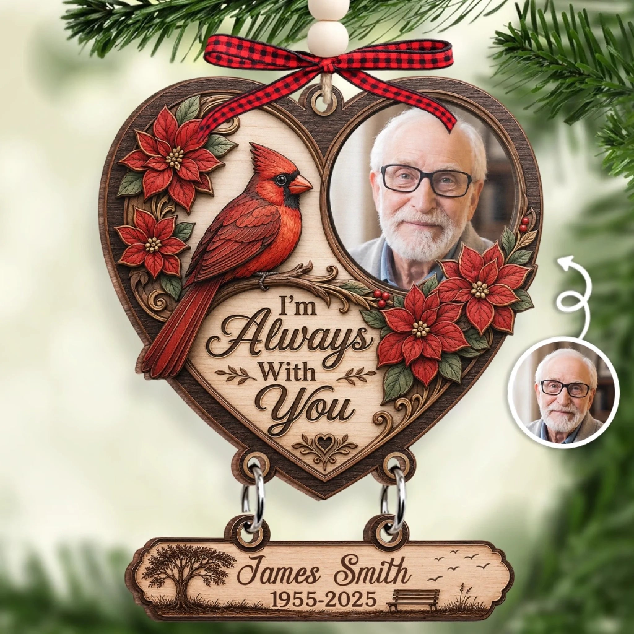 Custom Photo Wooden Ornament With Tag, Personalized Christmas Memorial Sympathy Gift for Loss of Mom or Dad