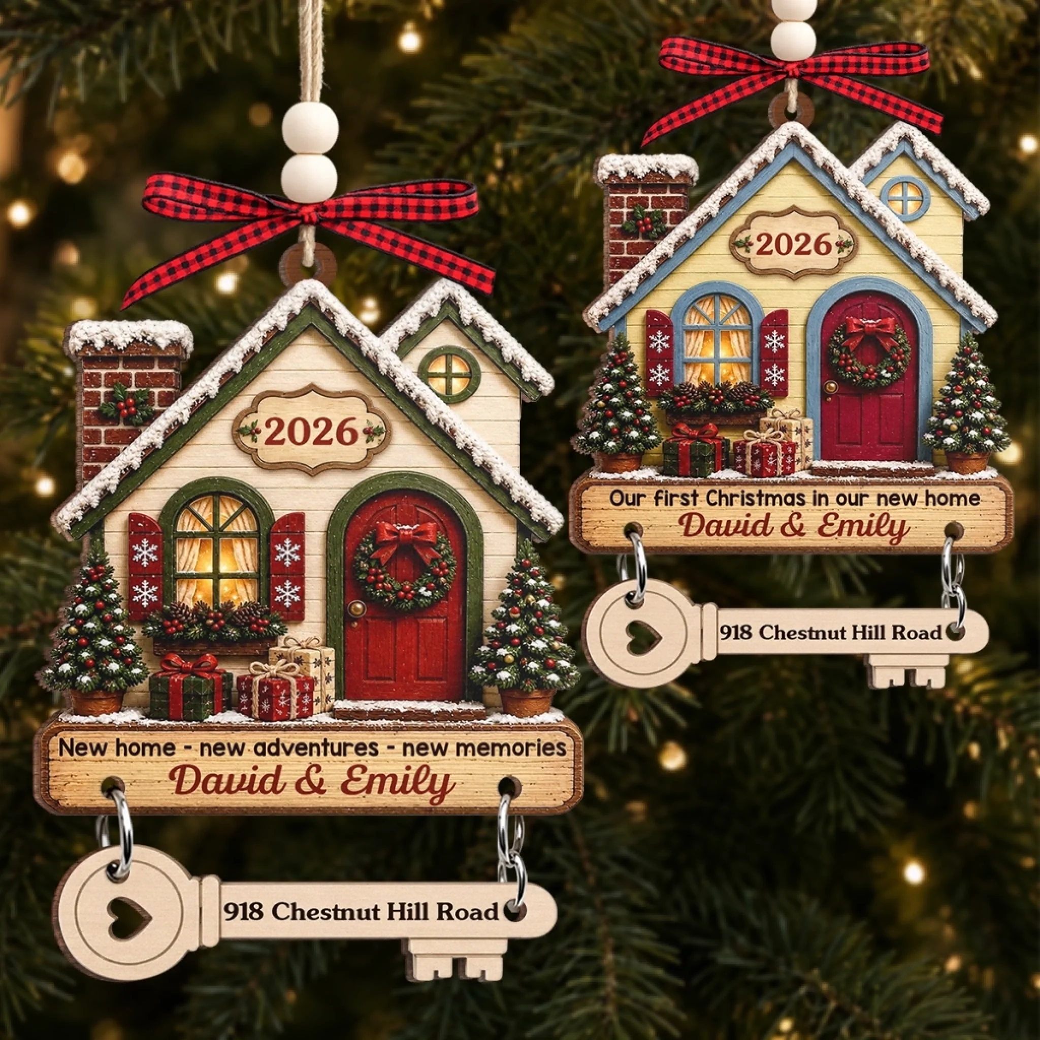 Custom New Home Wooden Ornament With Tag, Personalized Anniversary, Christmas or Wedding Gift for Couple