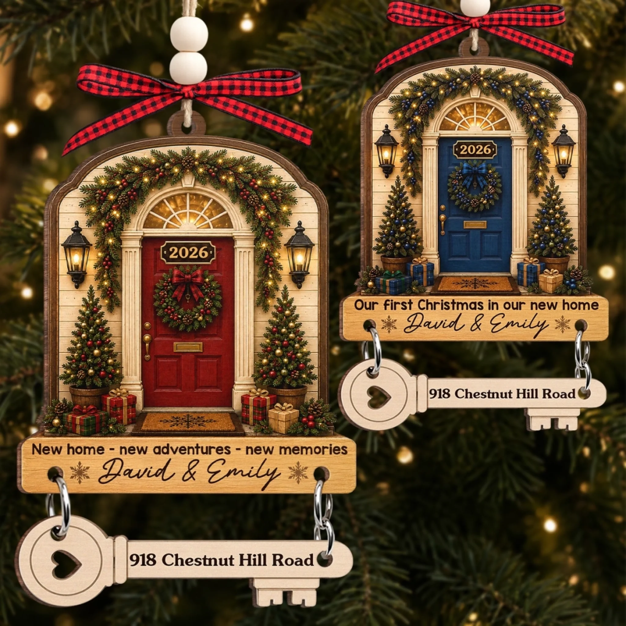 Personalized New Home Wooden Ornament With Tag, Custom Anniversary Wedding Christmas Gift for Couples