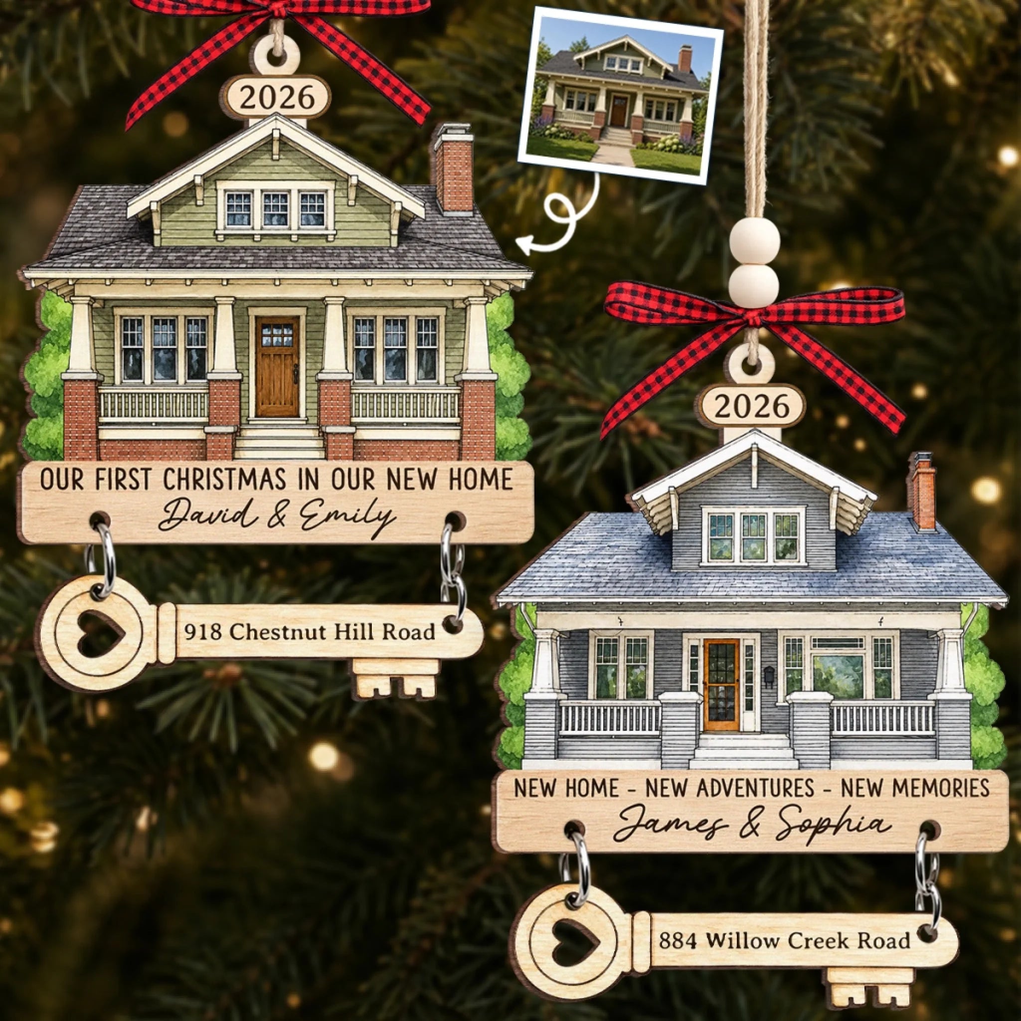 Custom Photo New Home Wooden Ornament With Tag, Personalized Anniversary Christmas Wedding Gift for Couples