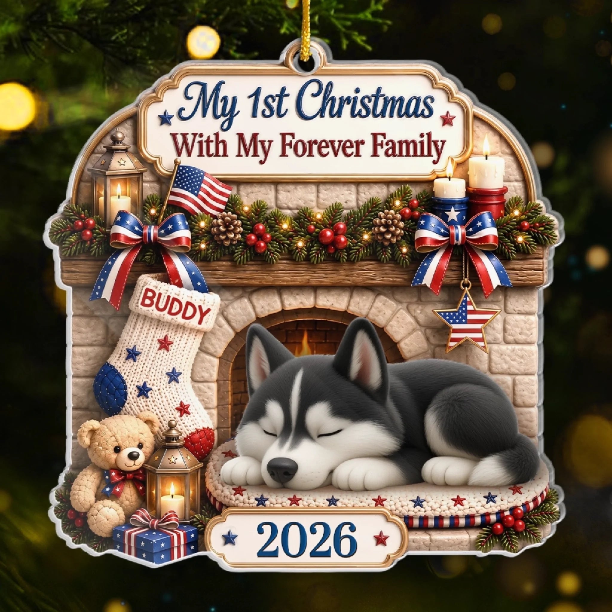 Personalized First Christmas Acrylic Ornament for Dog Cat Lovers, America 250th Anniversary Pet Gift