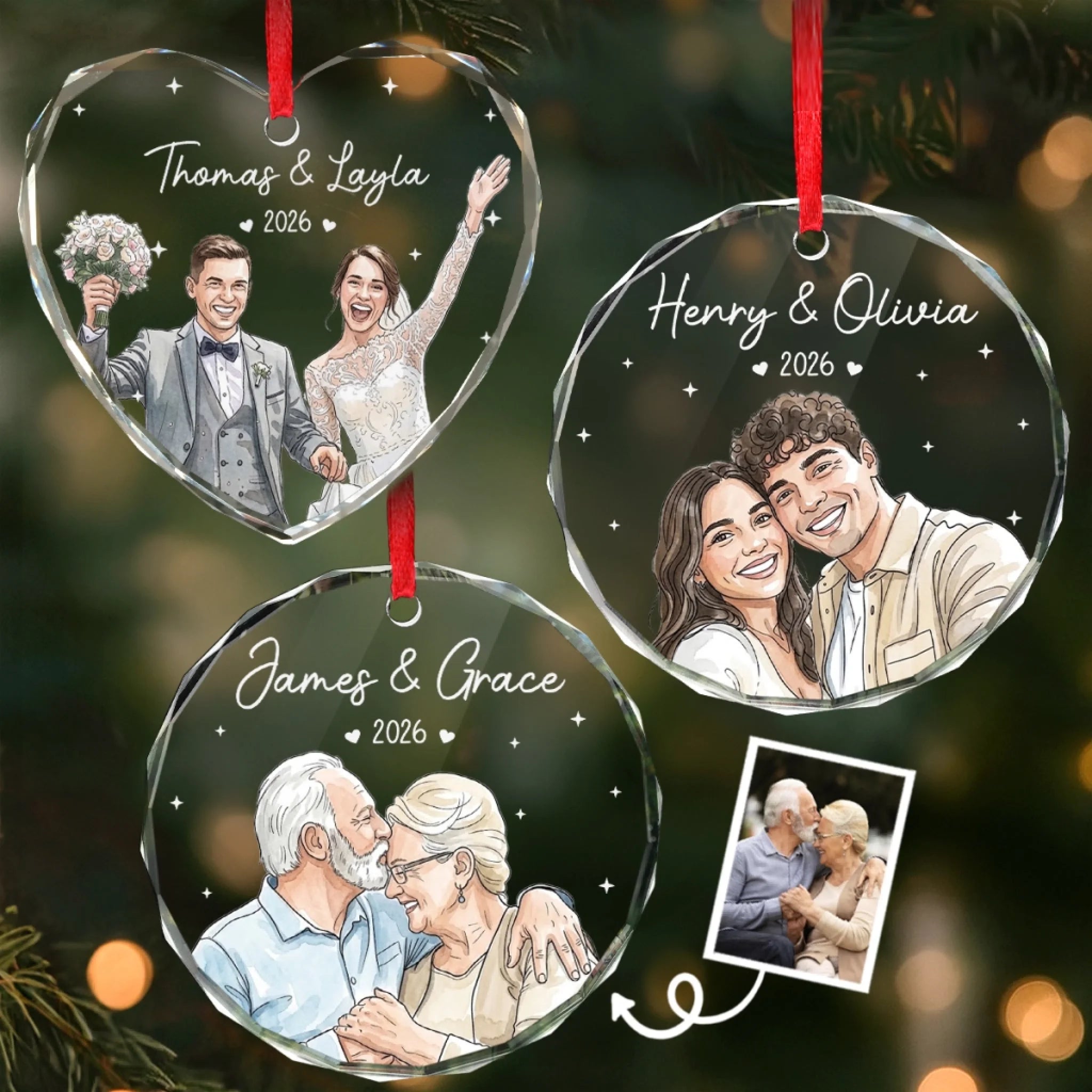Custom Photo Heart Round Glass Ornament, Personalized Anniversary Christmas Wedding Gift for Couples