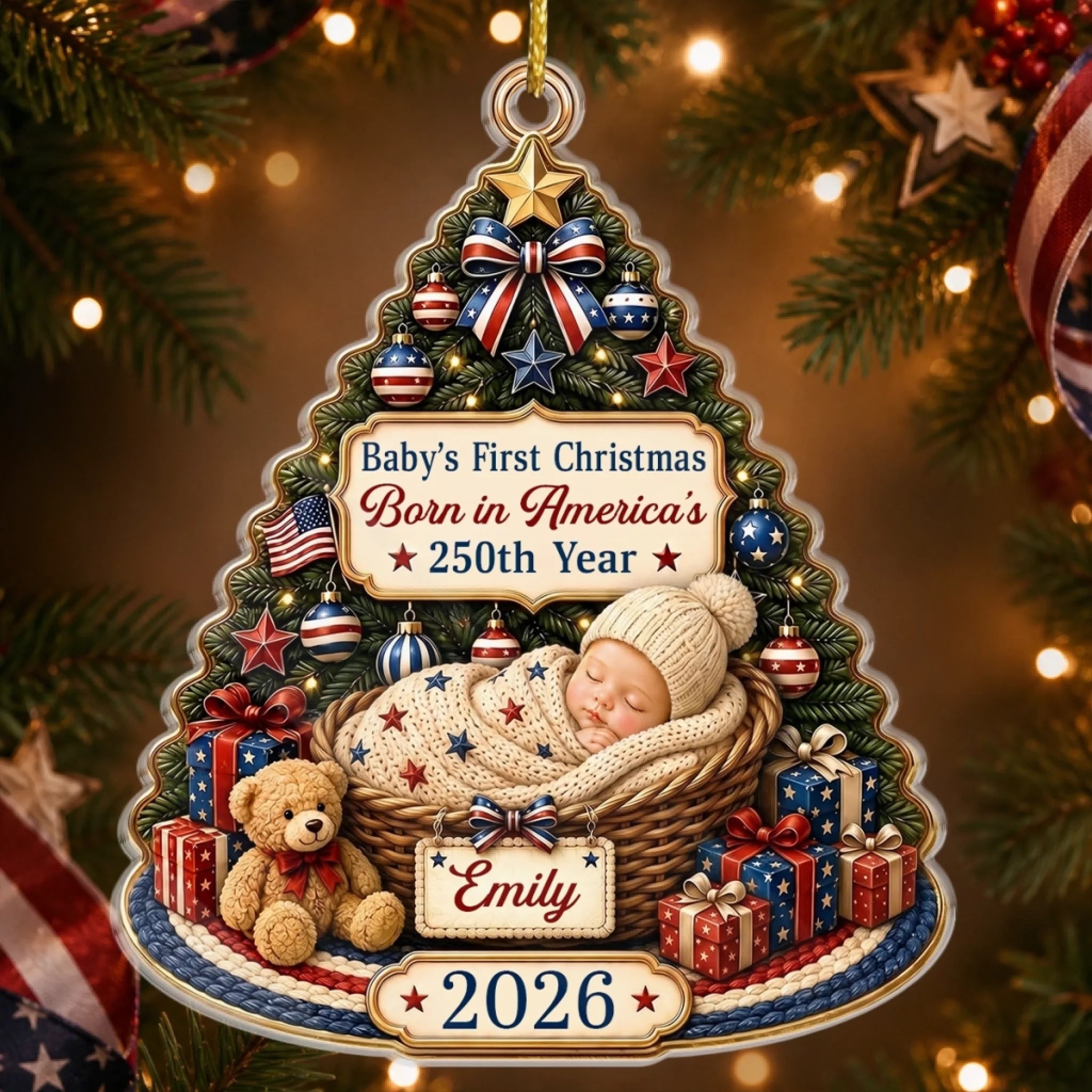 Custom First Christmas Acrylic Ornament, America 250th Patriotic Little Miracle Baby Gift for New Parents