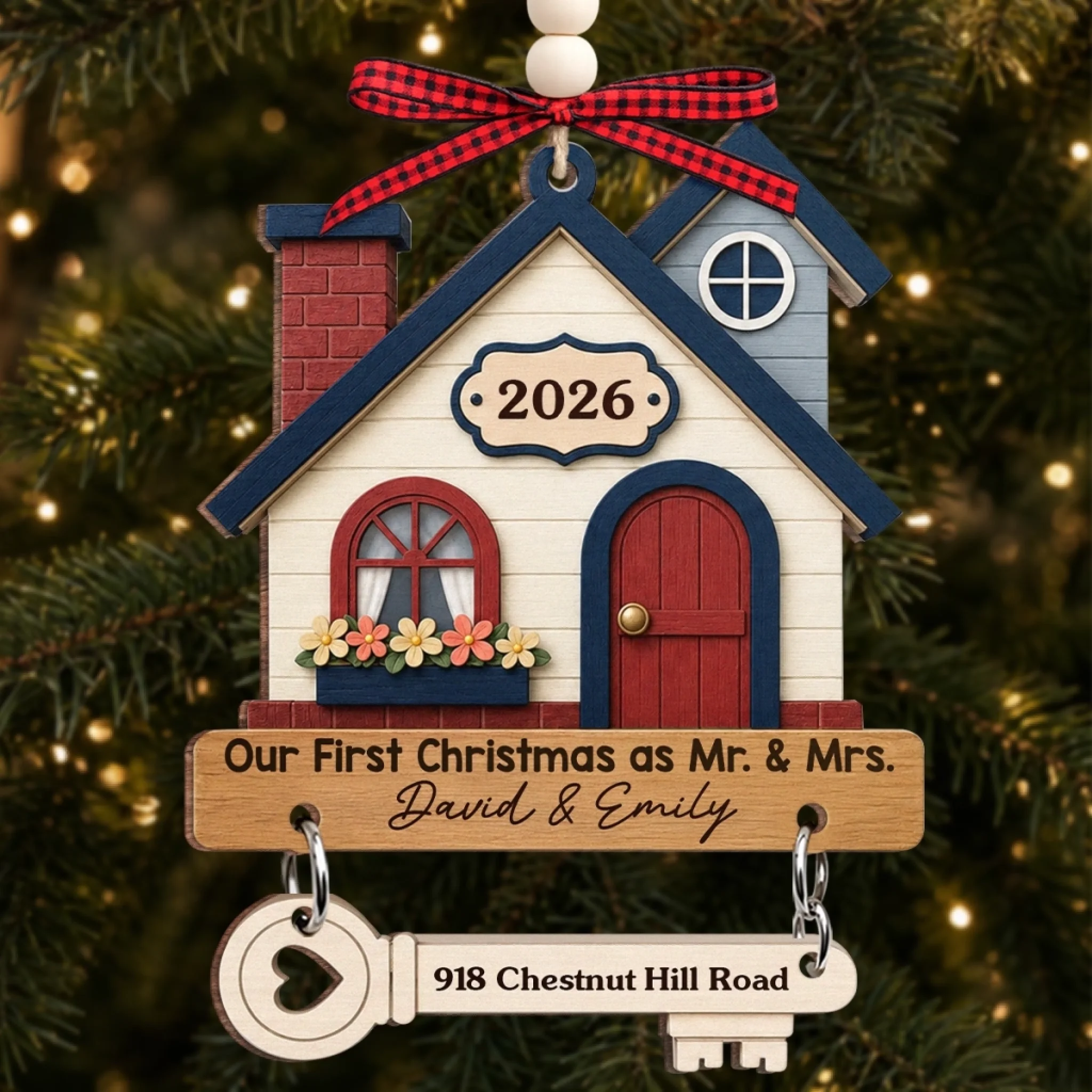 Custom First Christmas Wooden Ornament With Tag, Personalized Anniversary Wedding Gift for Couple