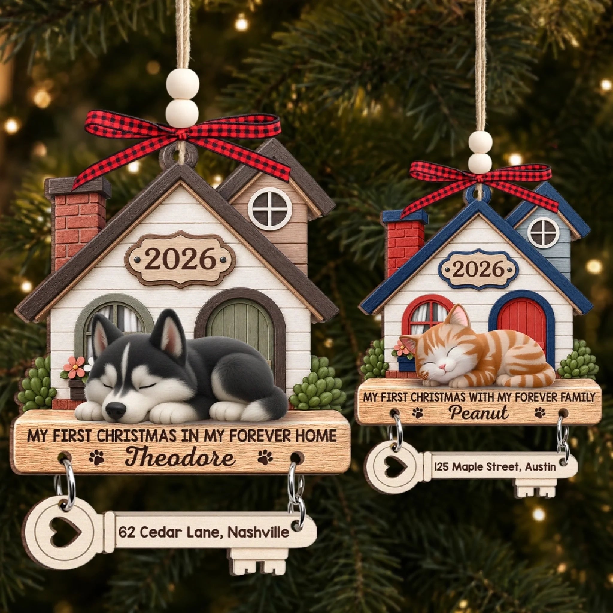Custom First Christmas Wooden Ornament With Tag Personalized Gift for Dog and Cat Lovers
