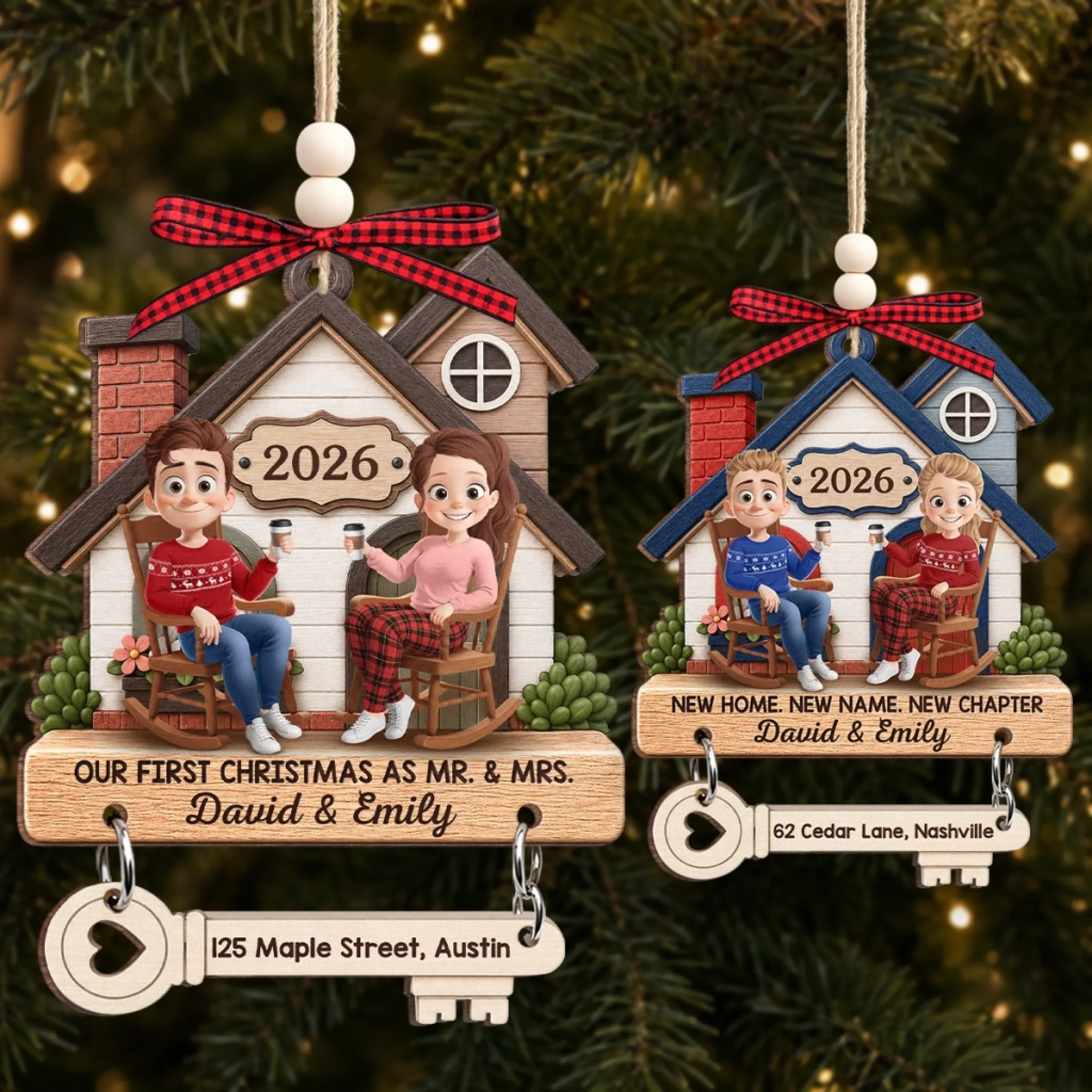 Custom First Christmas Wooden Ornament With Tag, Personalized Wedding Anniversary Gift for Couples