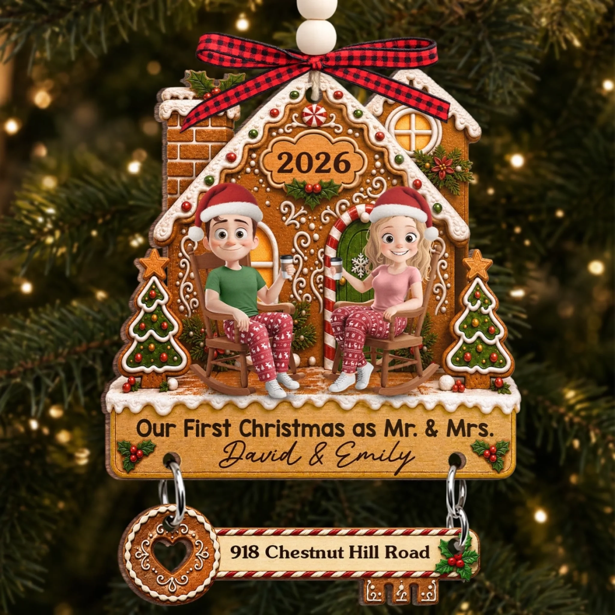 Custom First Christmas Wooden Ornament with Tag, Personalized Wedding Anniversary Gift for Couple