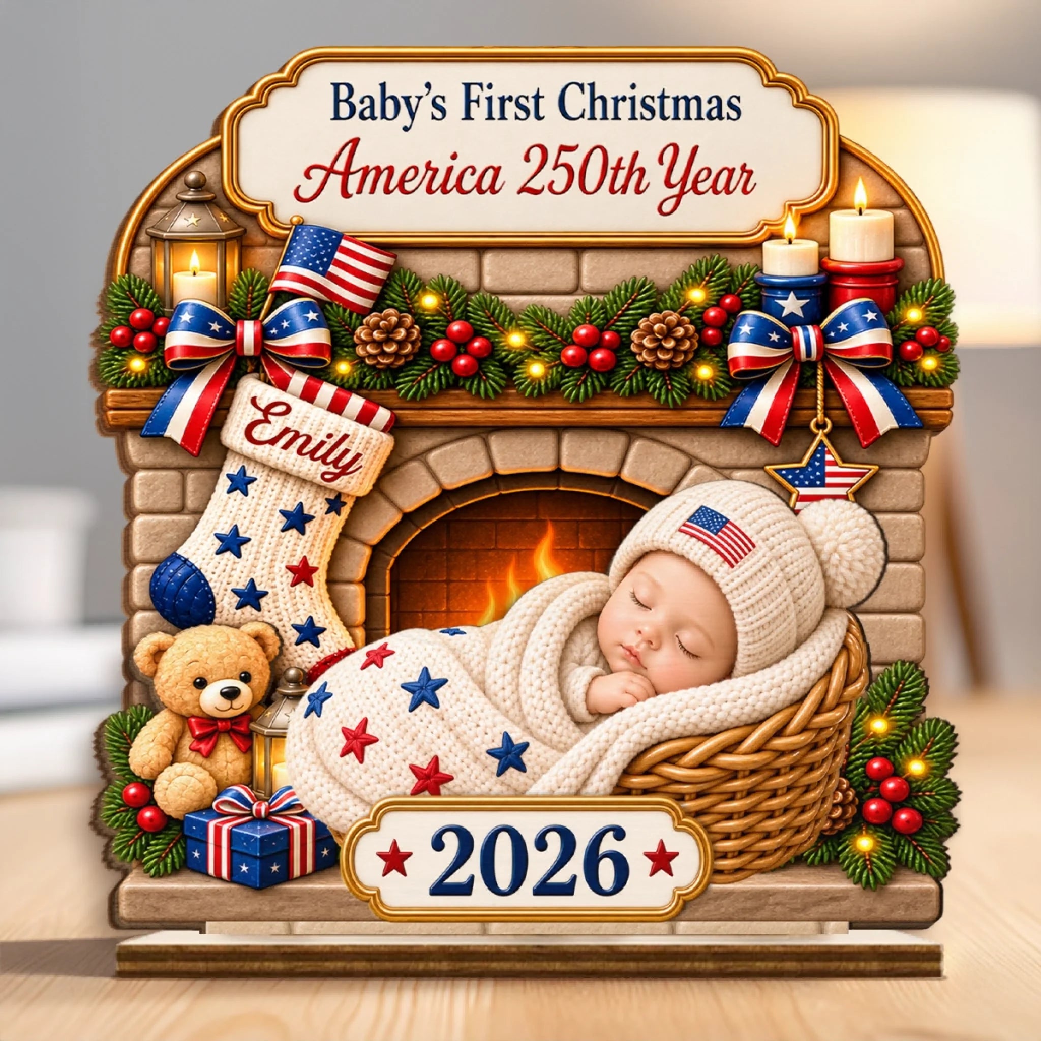 Custom First Christmas 2-Layered Wooden Plaque, Personalized America 250th Anniversary Gift for New Parents