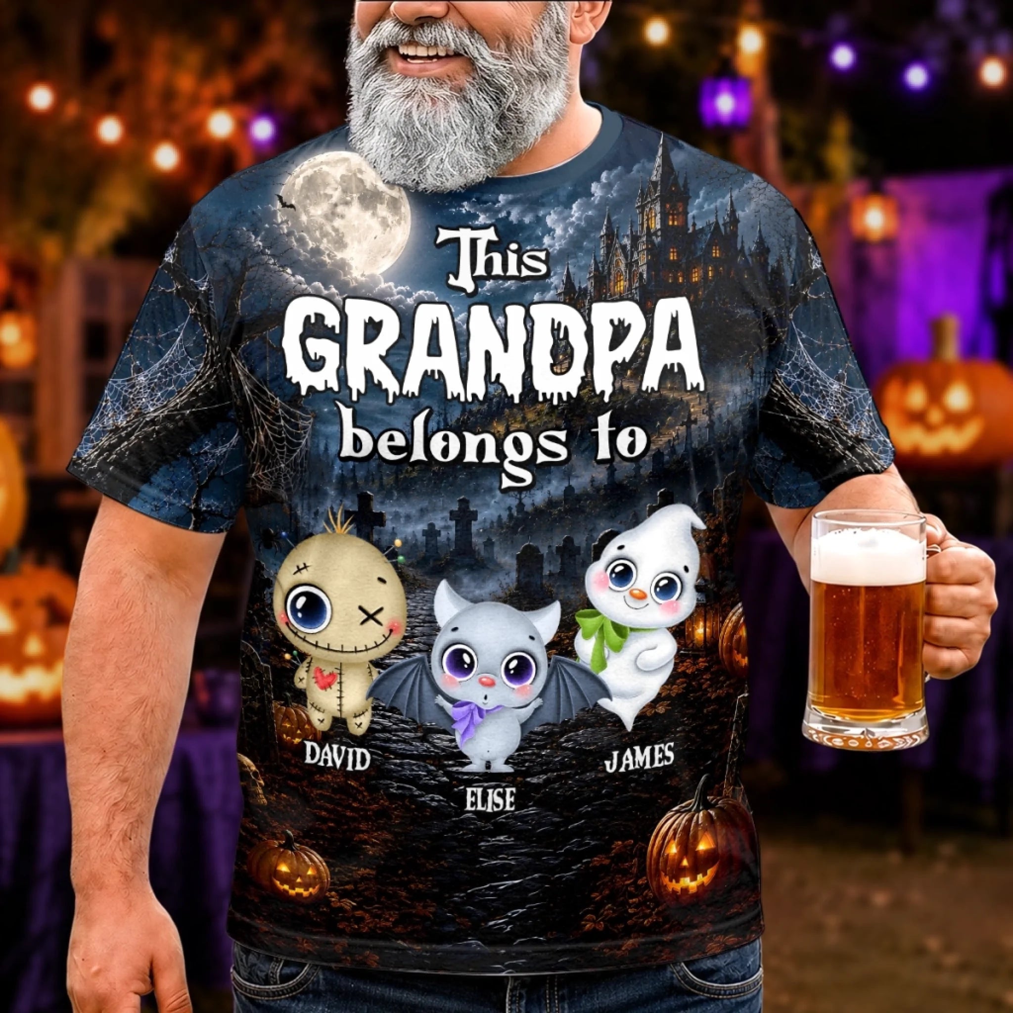 Custom Monster AOP T-Shirt, Personalized Halloween Birthday Gift for Mom or Grandma, Making Spooky Memories
