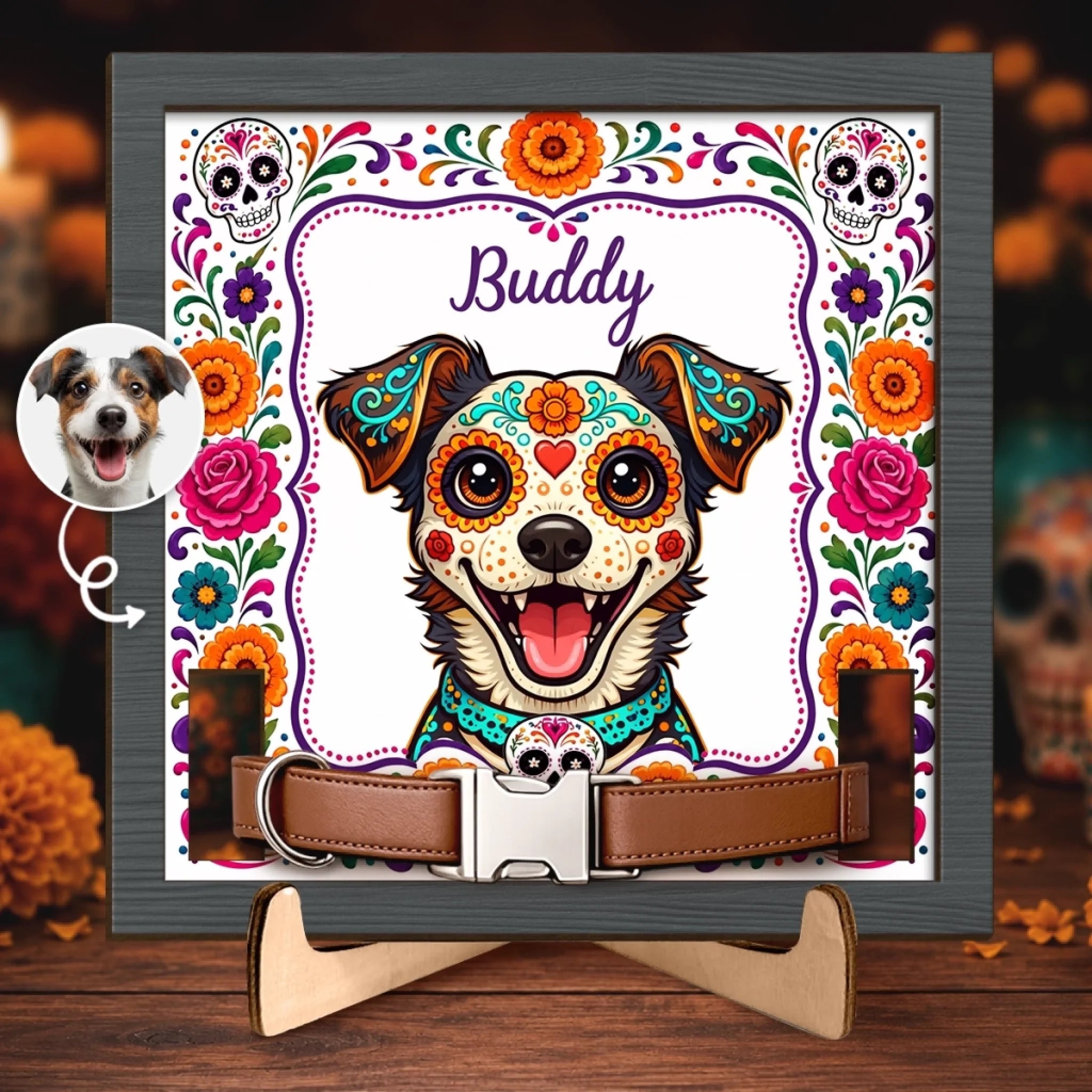 Custom Photo Day Of The Dead Pet Loss Sign Personalized Dog Cat Memorial Collar Frame Gift