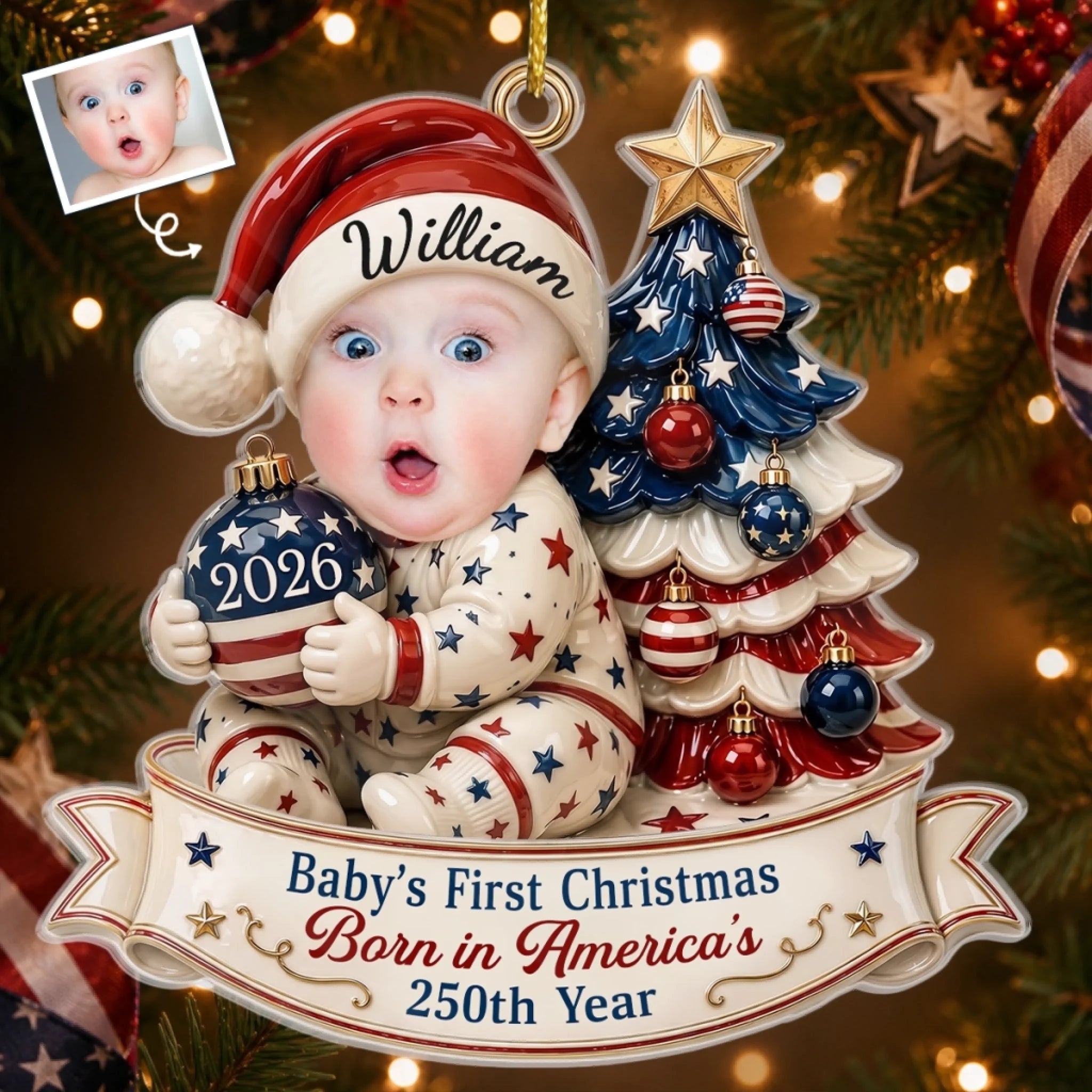 Custom Photo First Christmas Acrylic Ornament, Personalized Patriotic Star Gift for New Parents
