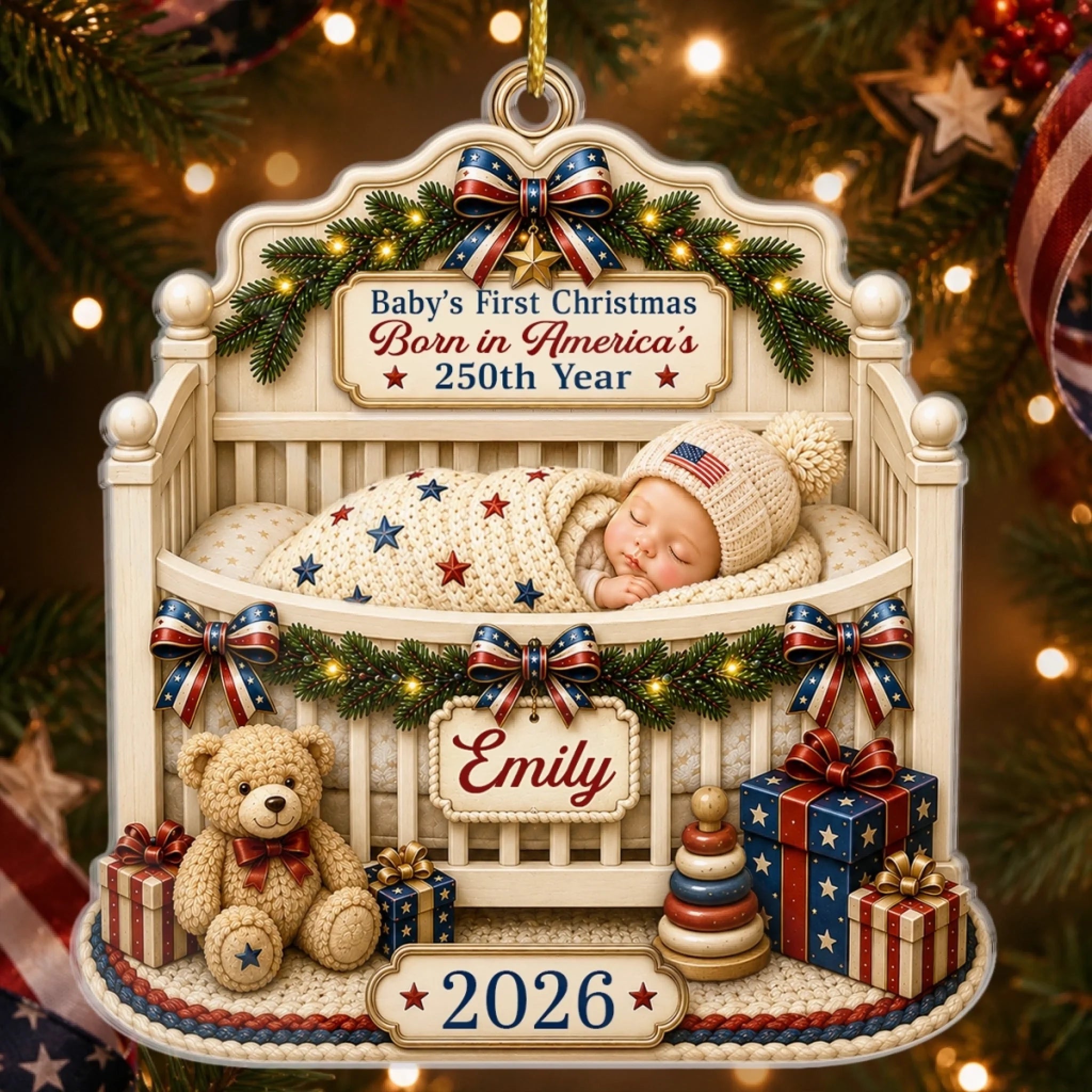 Custom First Christmas Acrylic Ornament Personalized America 250th Anniversary Gift for New Parents