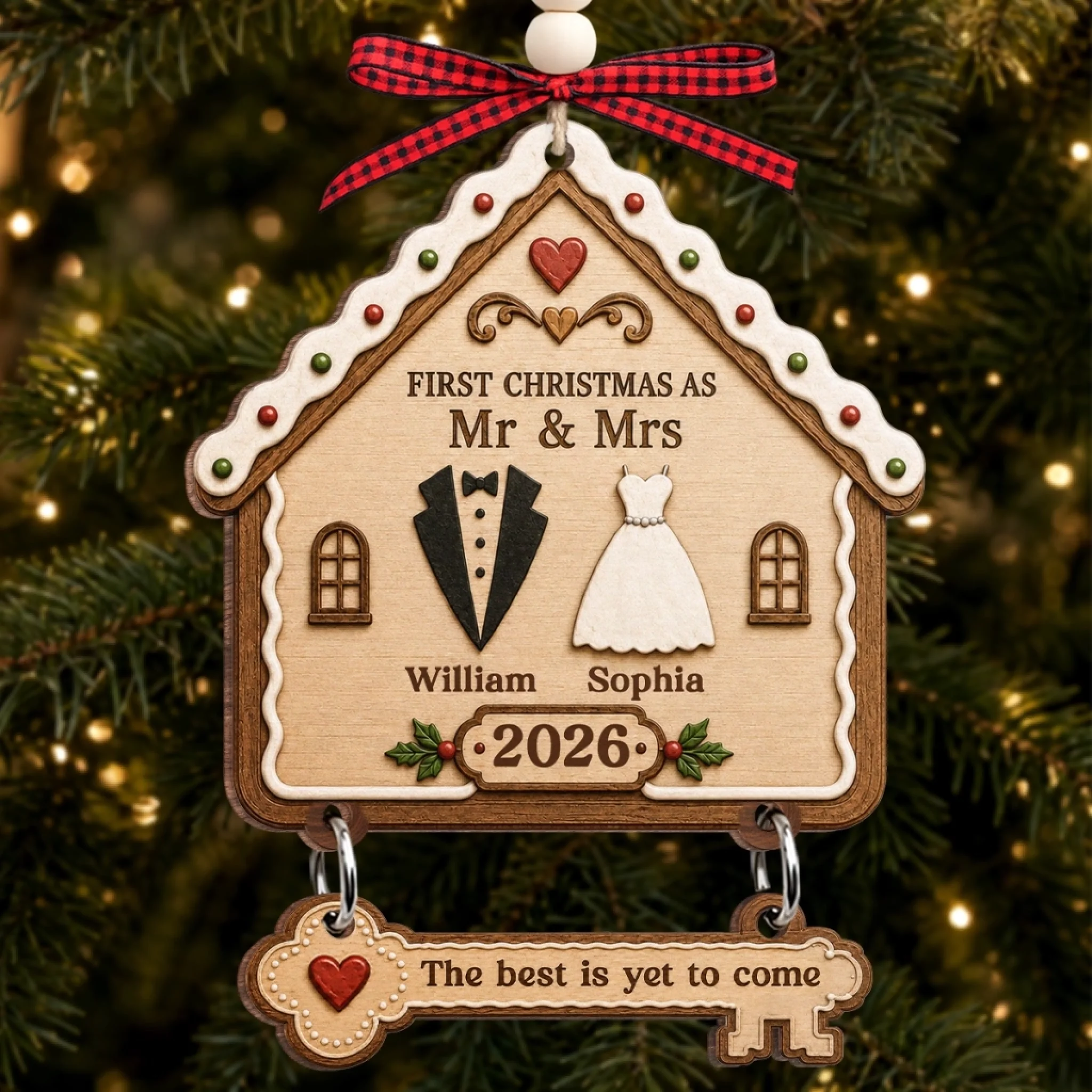 Custom First Christmas Wooden Ornament With Tag Personalized Wedding Anniversary Gift for Couple