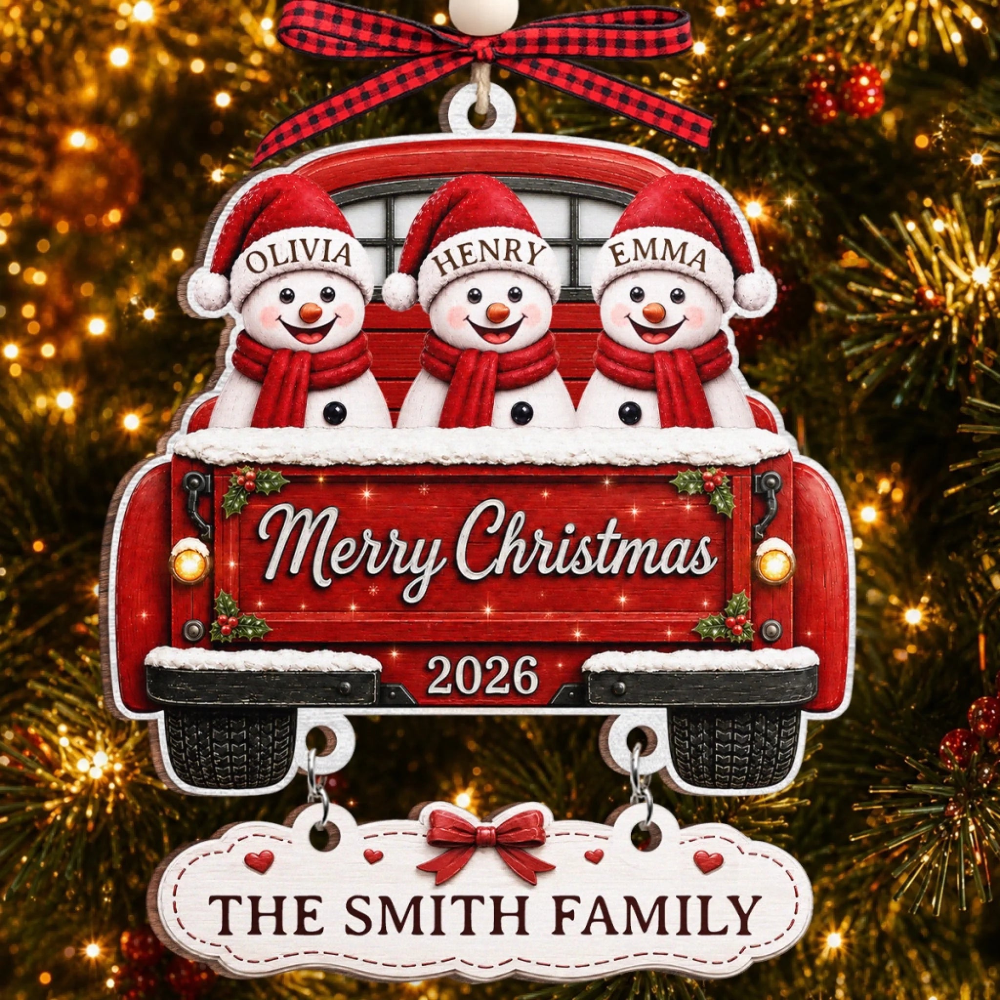 Custom Snowman Wooden Ornament With Tag, Personalized Christmas Gift for Mom, Dad, Brother or Sister