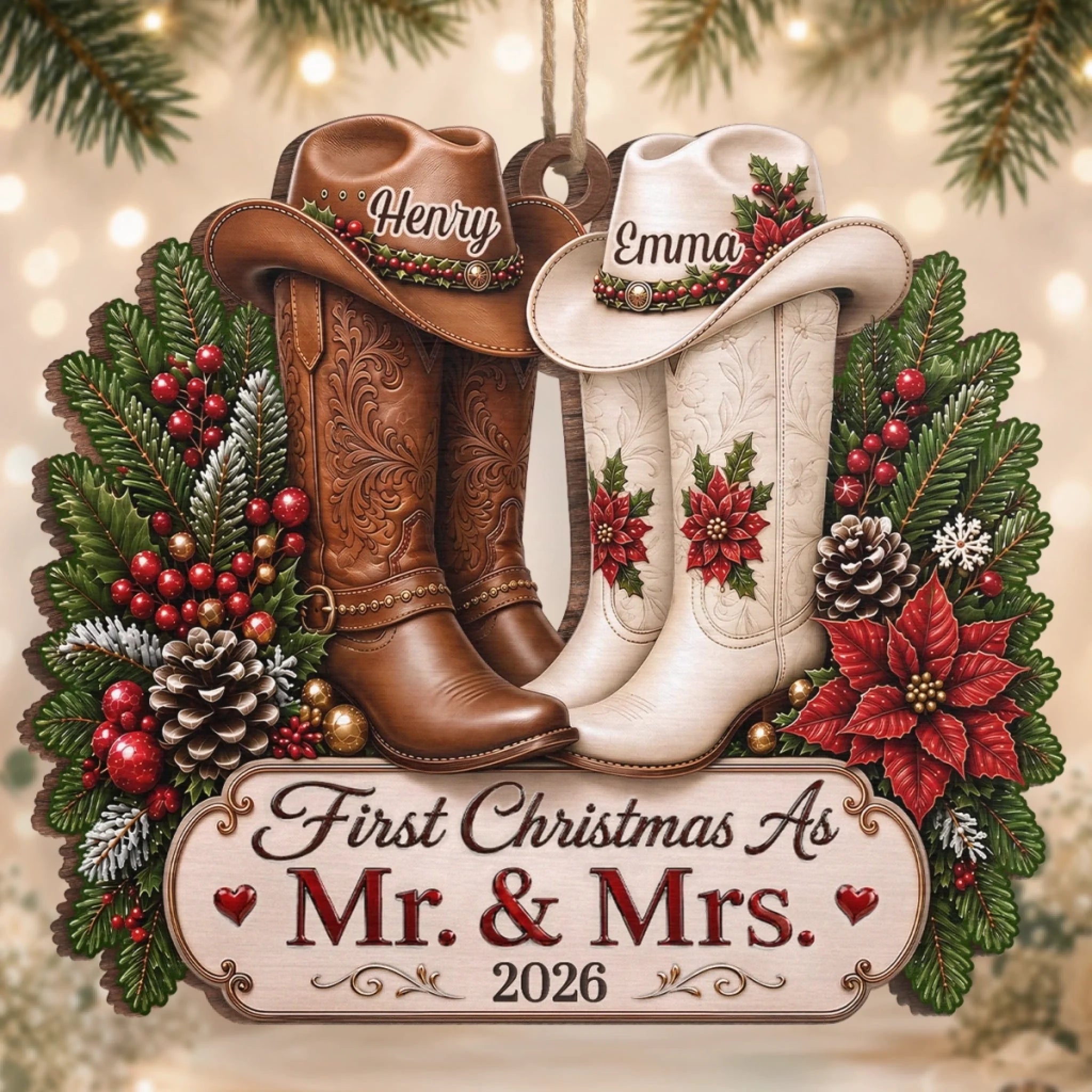 Custom First Christmas Wooden Ornament, Personalized Anniversary or Wedding Gift for Husband and Wife