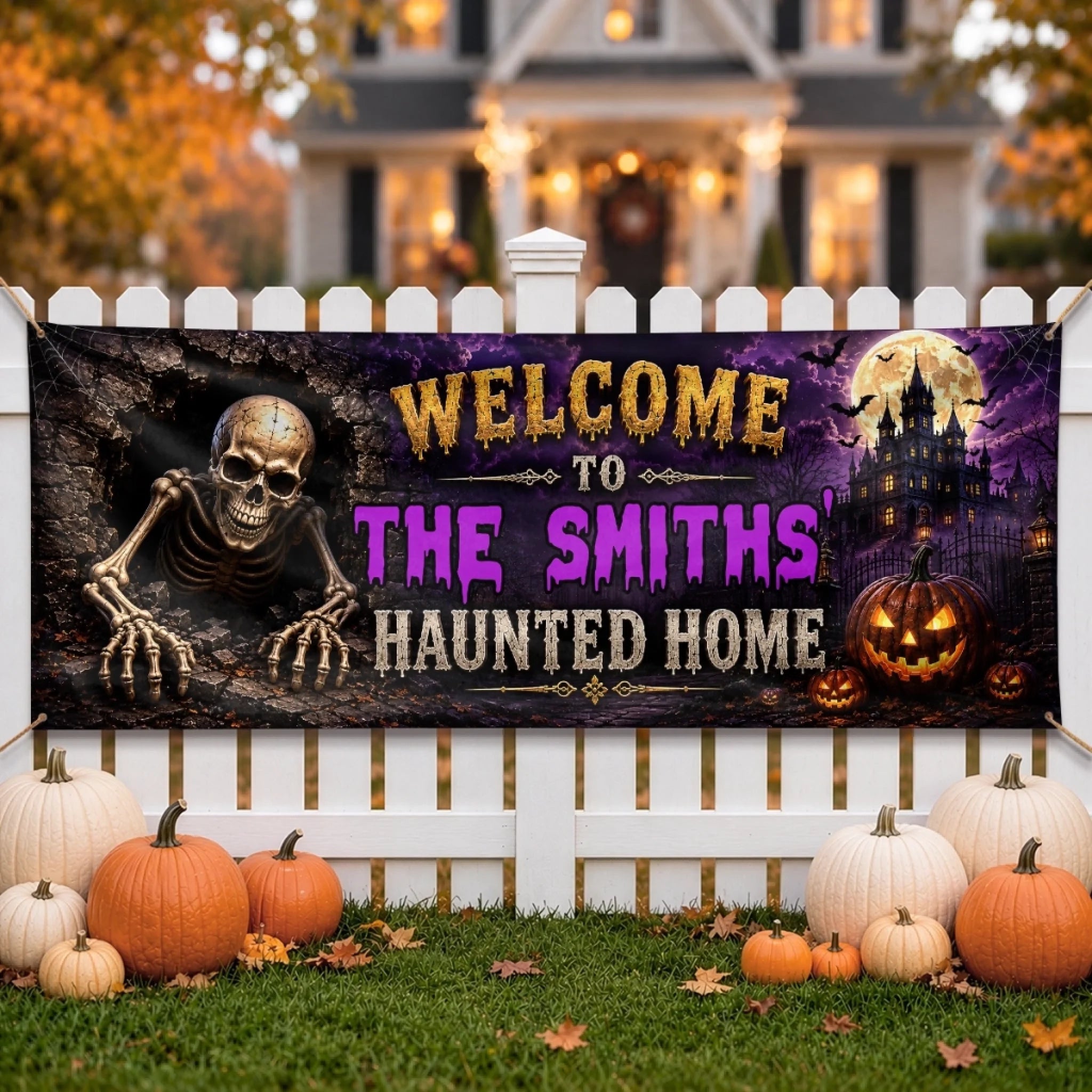 Custom Haunted Home Fabric Banner Personalized Halloween Decor Gift for Mom Dad Brother Sister