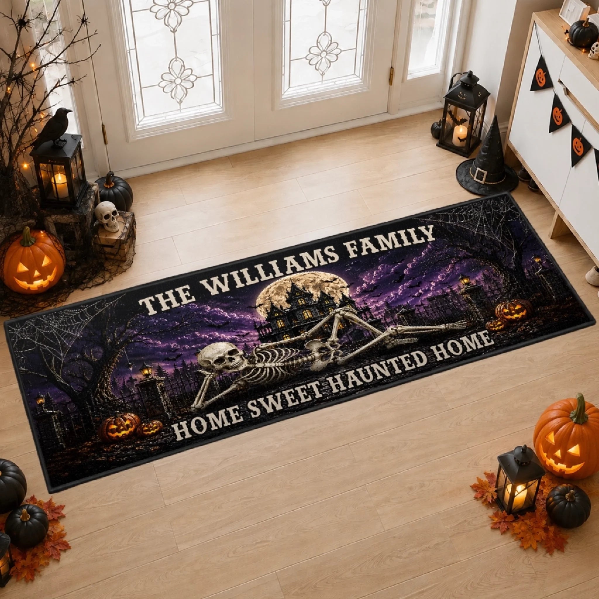 Custom Haunted Home Runner Rug, Personalized Halloween Decor Gift for Family Fright Night