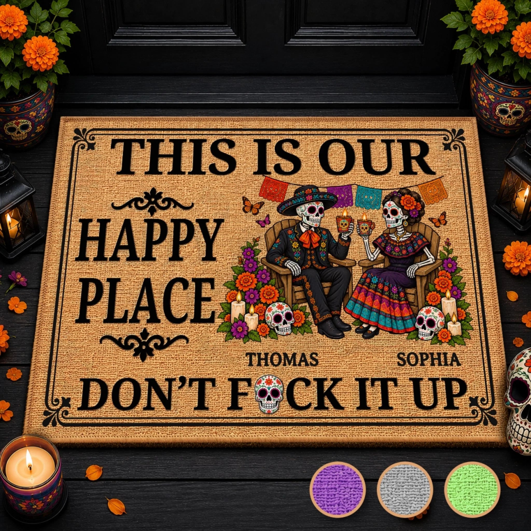 Custom Day of the Dead Doormat Personalized Love You to Death Anniversary Wedding Gift for Couples